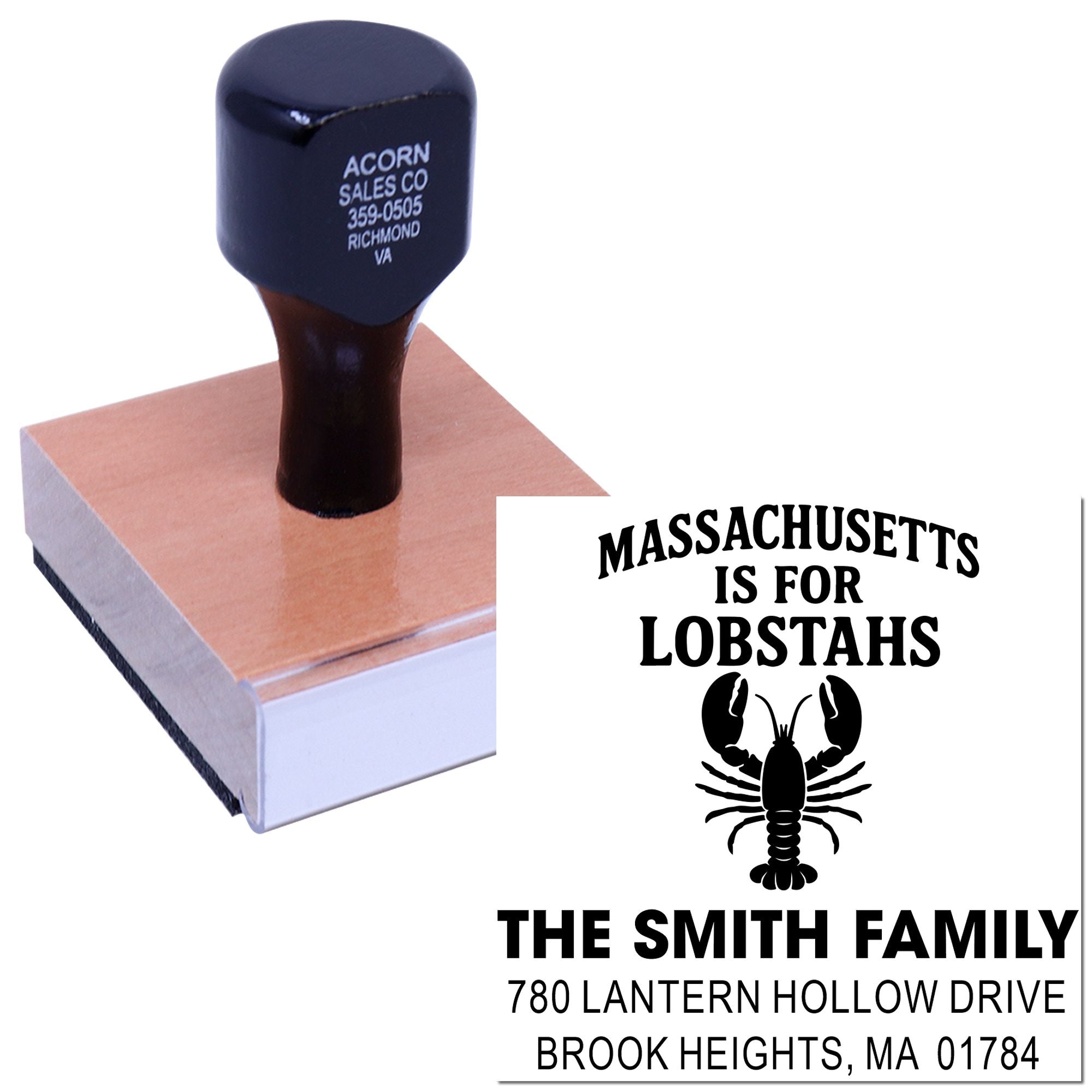 Custom rubber stamp featuring a lobster-themed Massachusetts address imprint for The Smith Family with personalized home address.