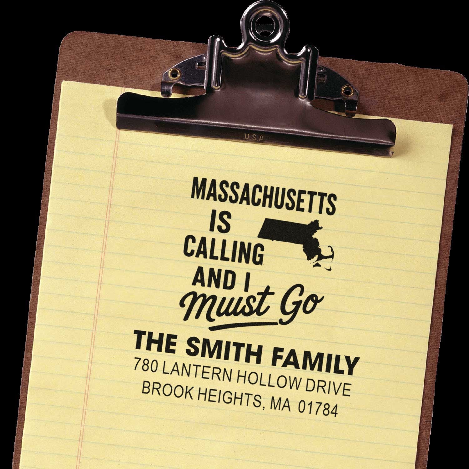 Custom moving address rubber stamp with Massachusetts theme and Smith family address for personal stationery.