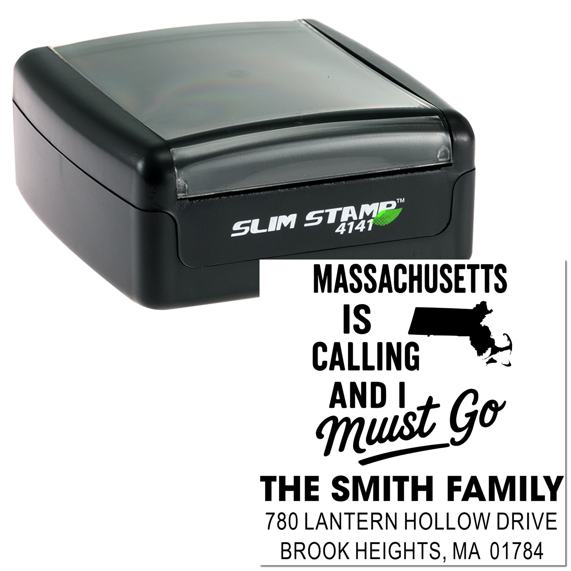 Custom slim stamp return address rubber stamp for The Smith Family, featuring Massachusetts Is Calling and I Must Go design.