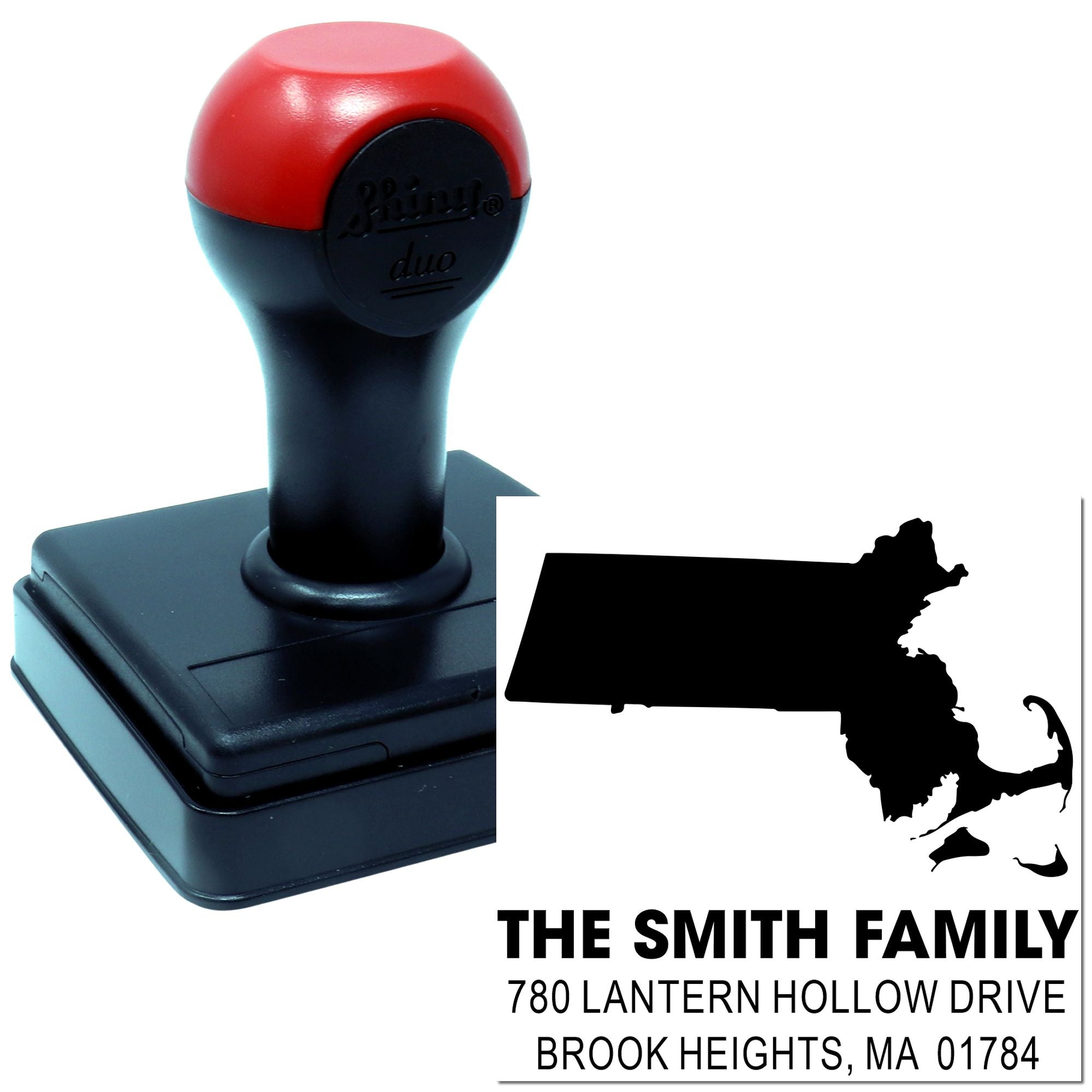 Custom self-inking rubber address stamp with Massachusetts silhouette for The Smith Family mailing labels.
