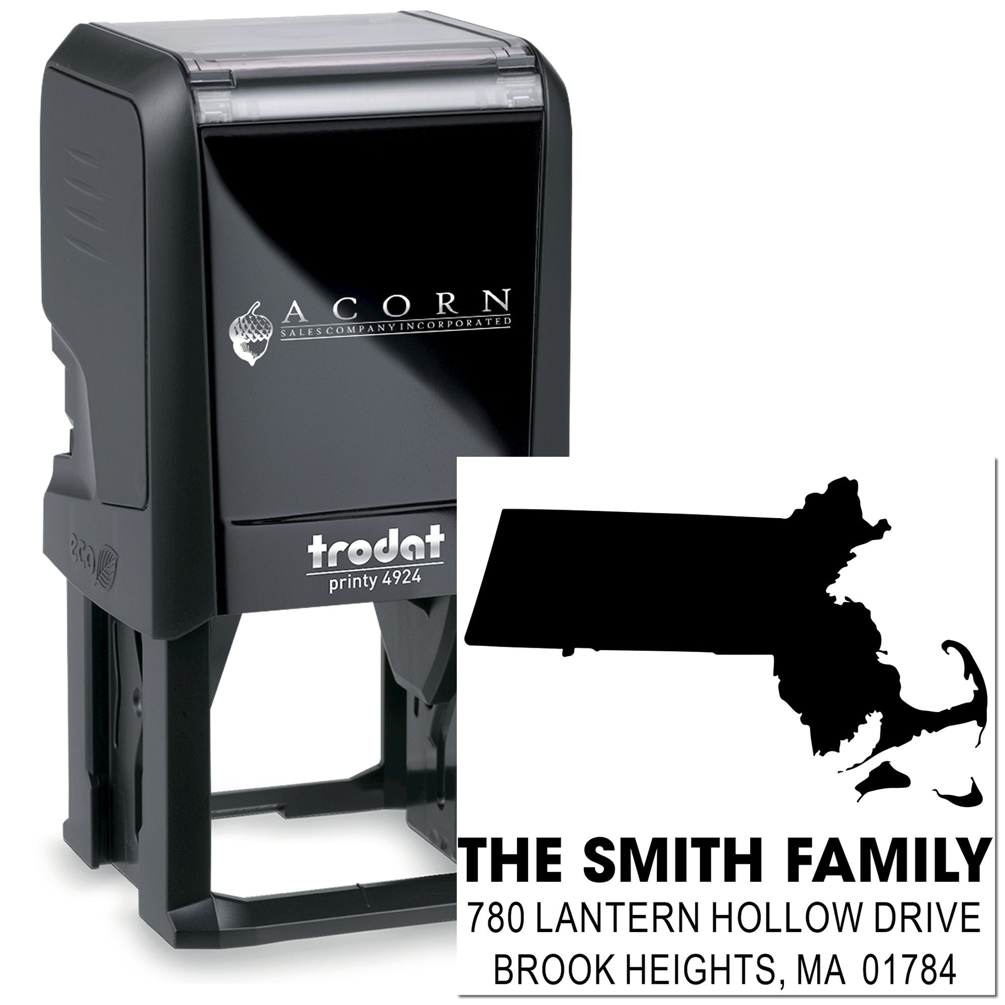 Custom self-inking rubber address stamp with Massachusetts silhouette for family return address imprinting