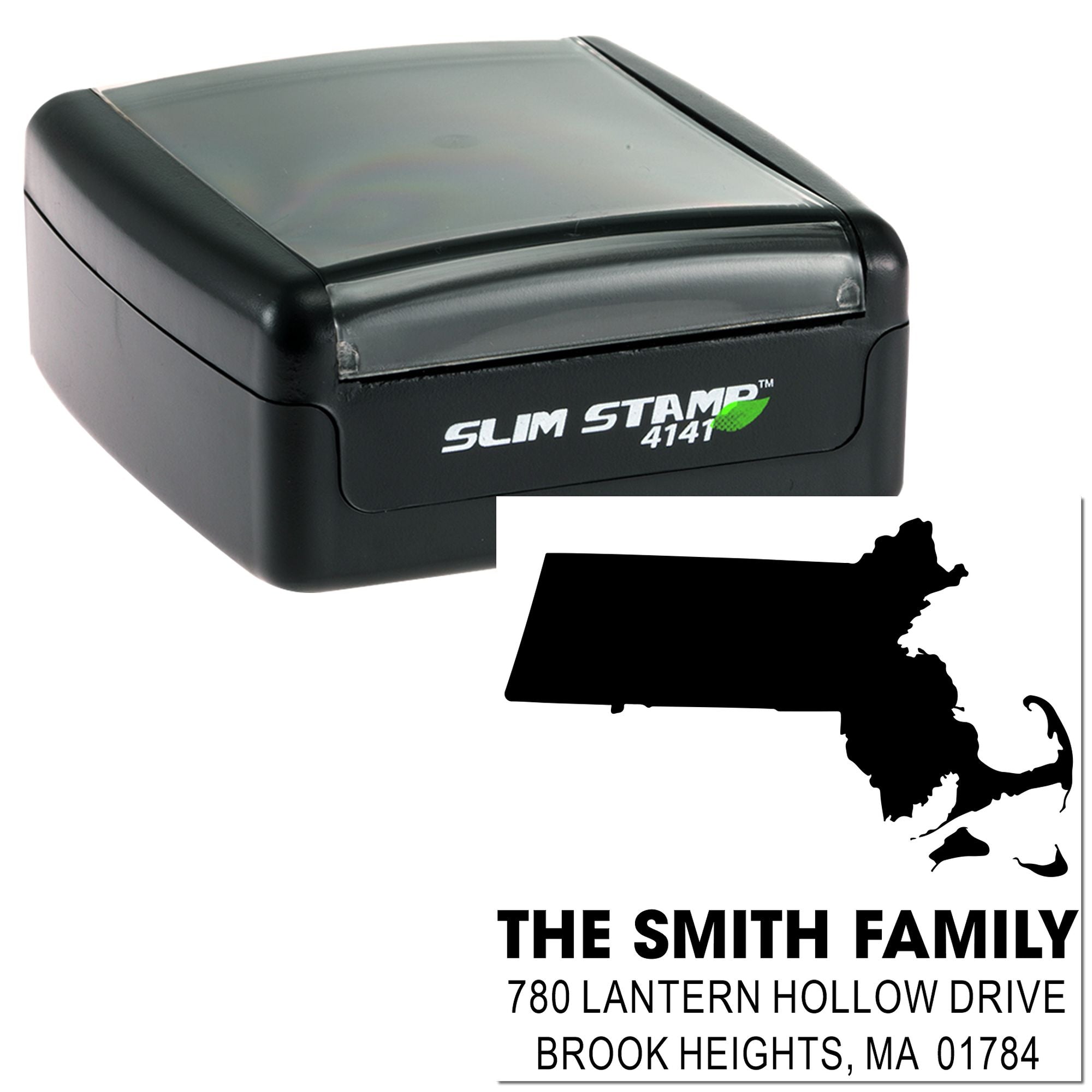 Custom self-inking address stamp with Massachusetts silhouette for The Smith Family, ideal for return address printing on mail.