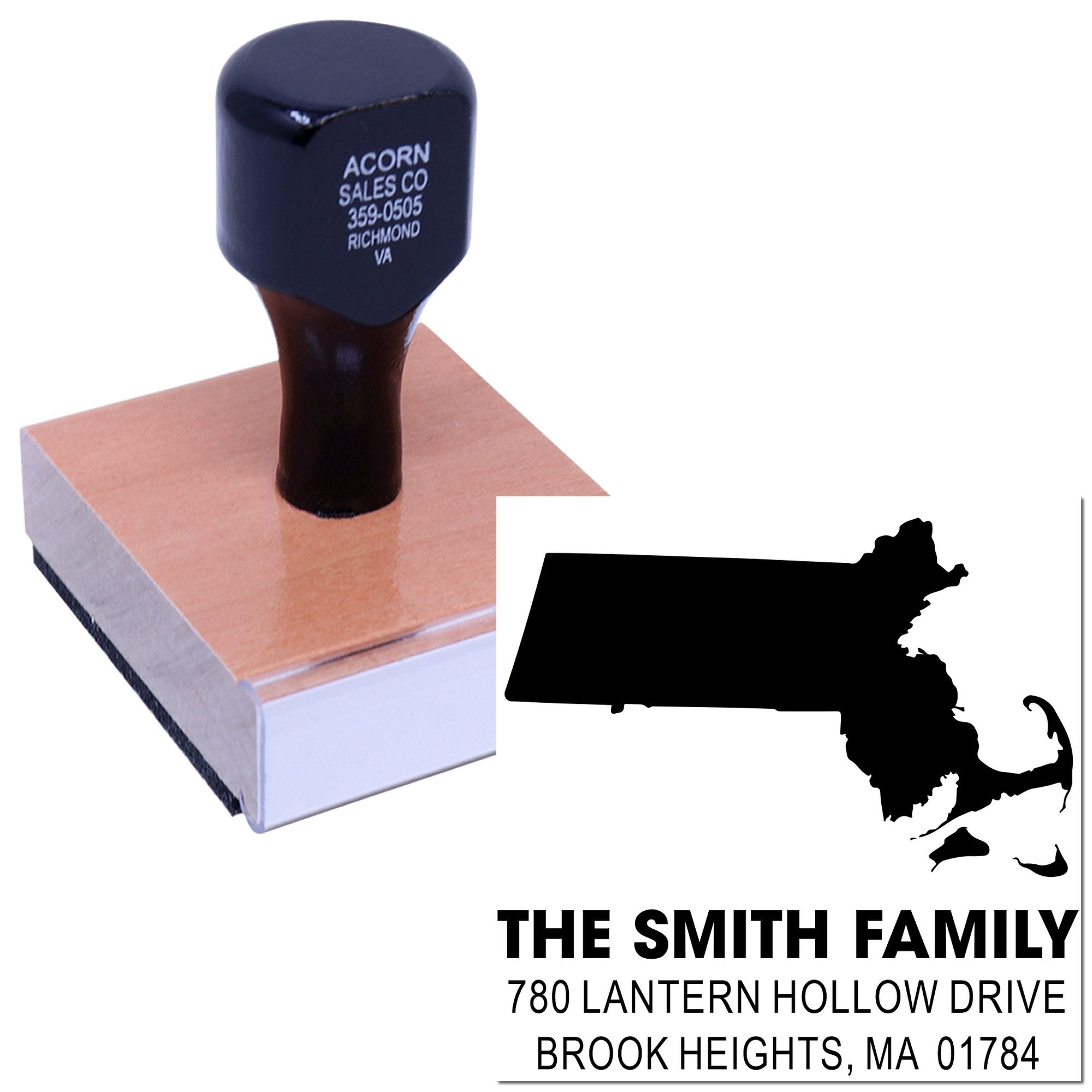 Custom address rubber stamp with Massachusetts silhouette, family name, and home address for personalized mail and stationery.