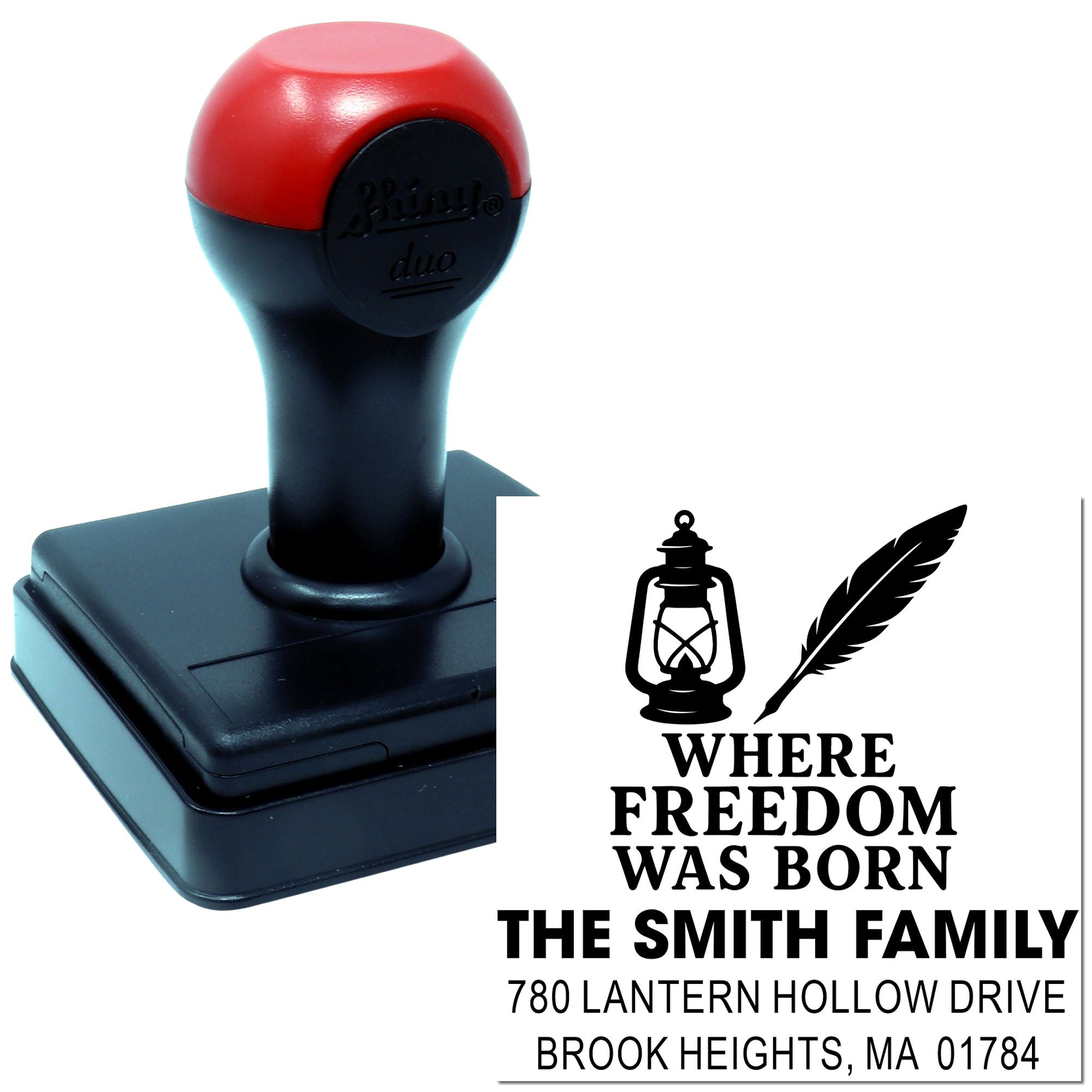 Custom self-inking rubber stamp with lantern design, Where Freedom Was Born family name and address for personalized return mailing.