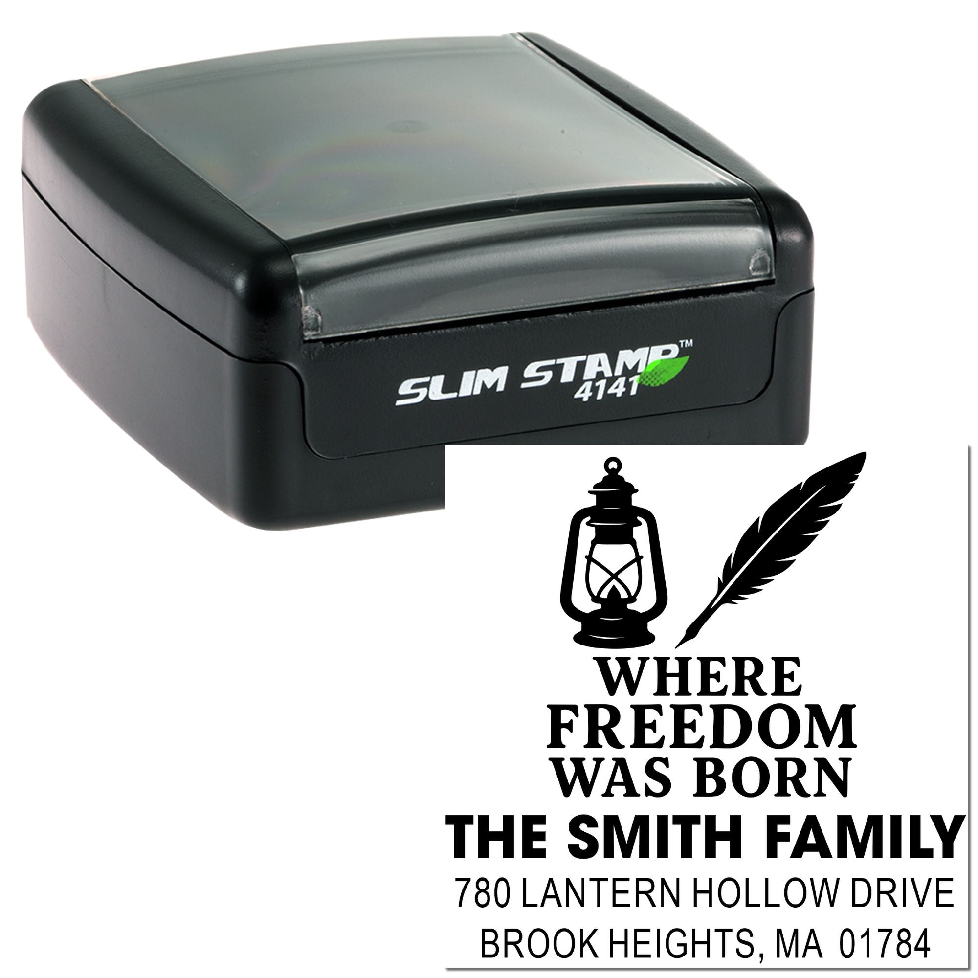 Slim Stamp self-inking rubber stamp with lantern and feather design for The Smith Family address label, "Where Freedom Was Born"
