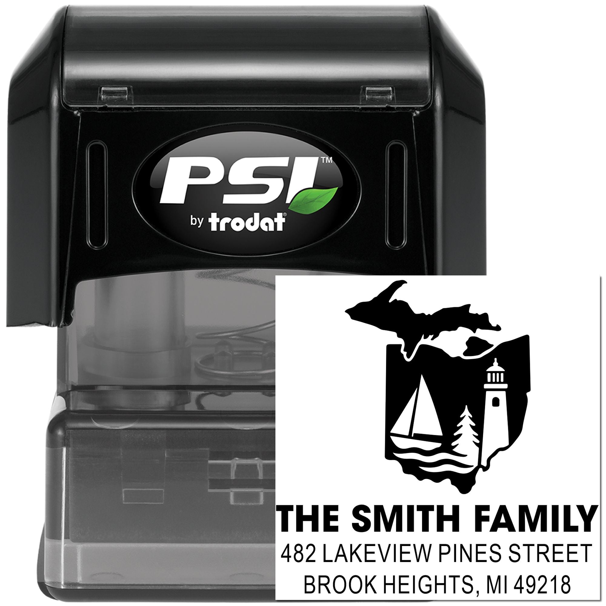 Custom Michigan return address rubber stamp, self-inking PSI by Trodat family name stamp with lighthouse and sailboat design