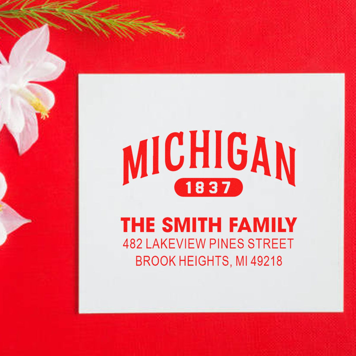 Custom Michigan return address rubber stamp for The Smith Family, Brook Heights, MI 49218