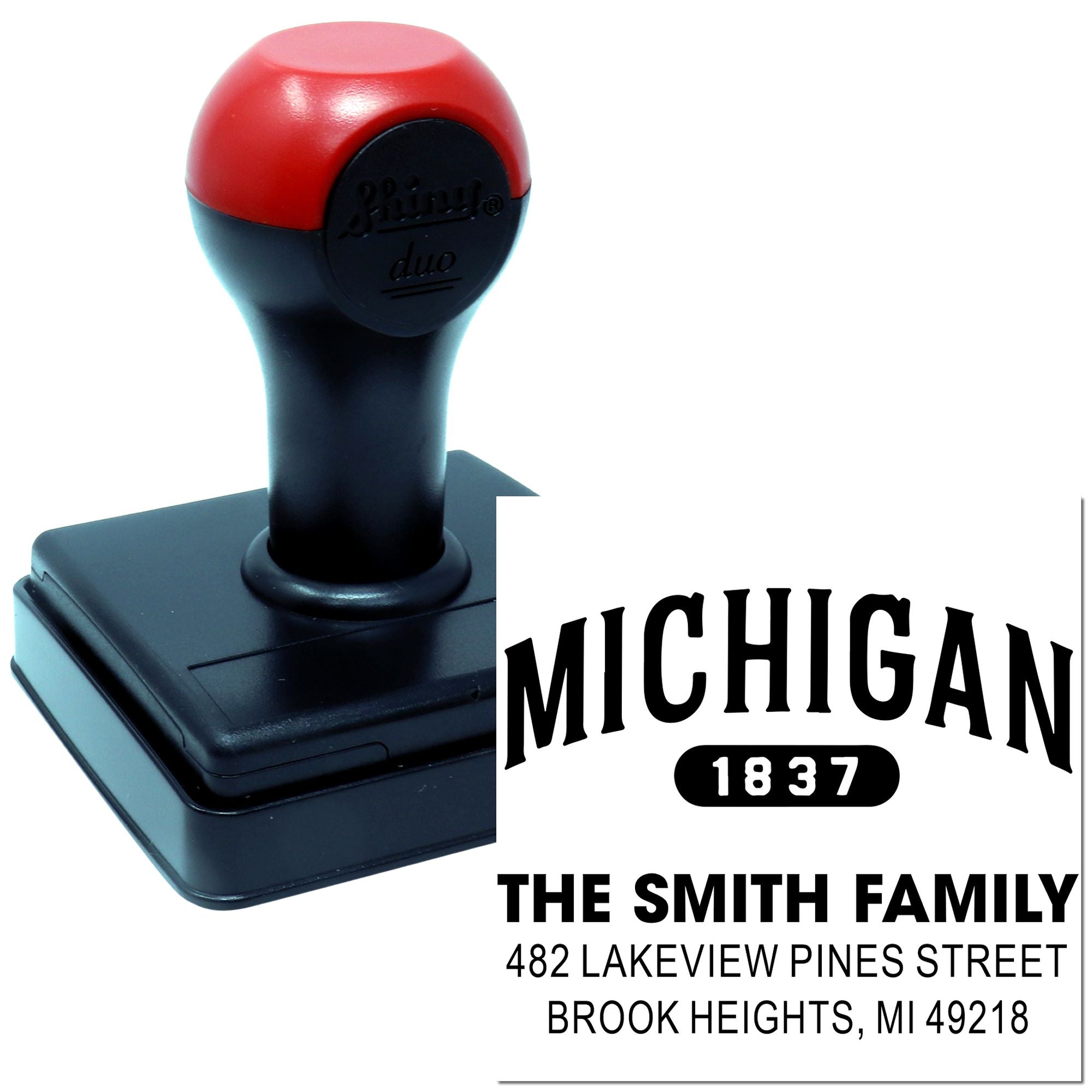 Custom self-inking rubber address stamp with Michigan 1837 Smith family return address design.