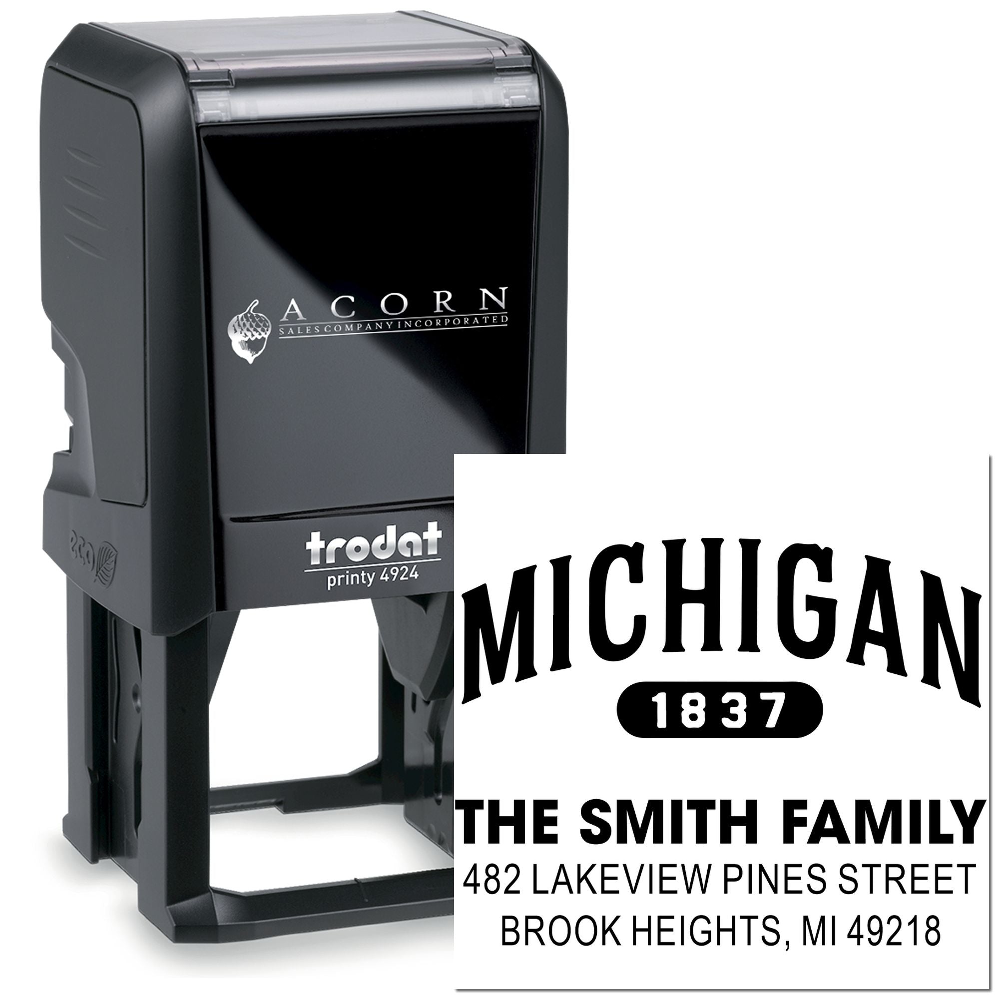 Custom self-inking rubber address stamp with Michigan family name and return address for personalized mailing.