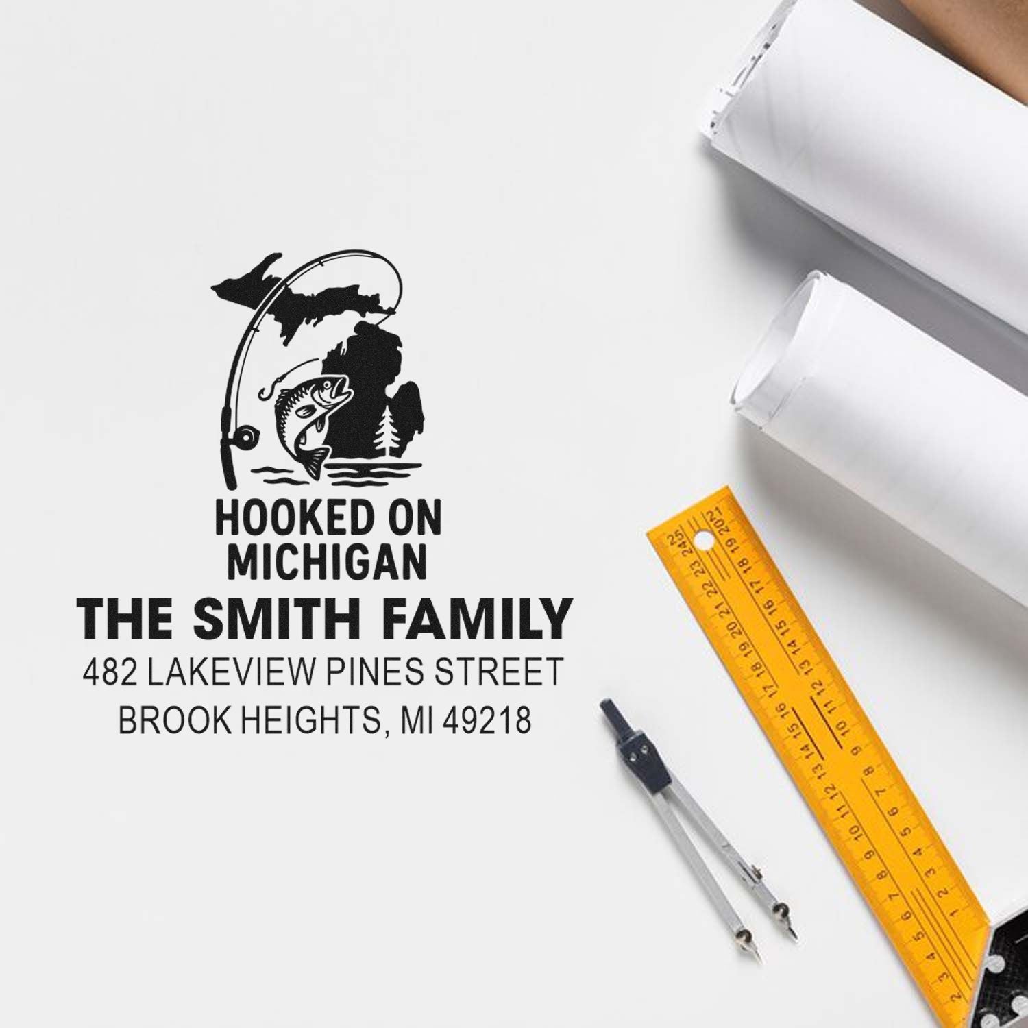 Personalized fishing family address rubber stamp with Hooked on Michigan design for The Smith Family, Brook Heights, MI 49218