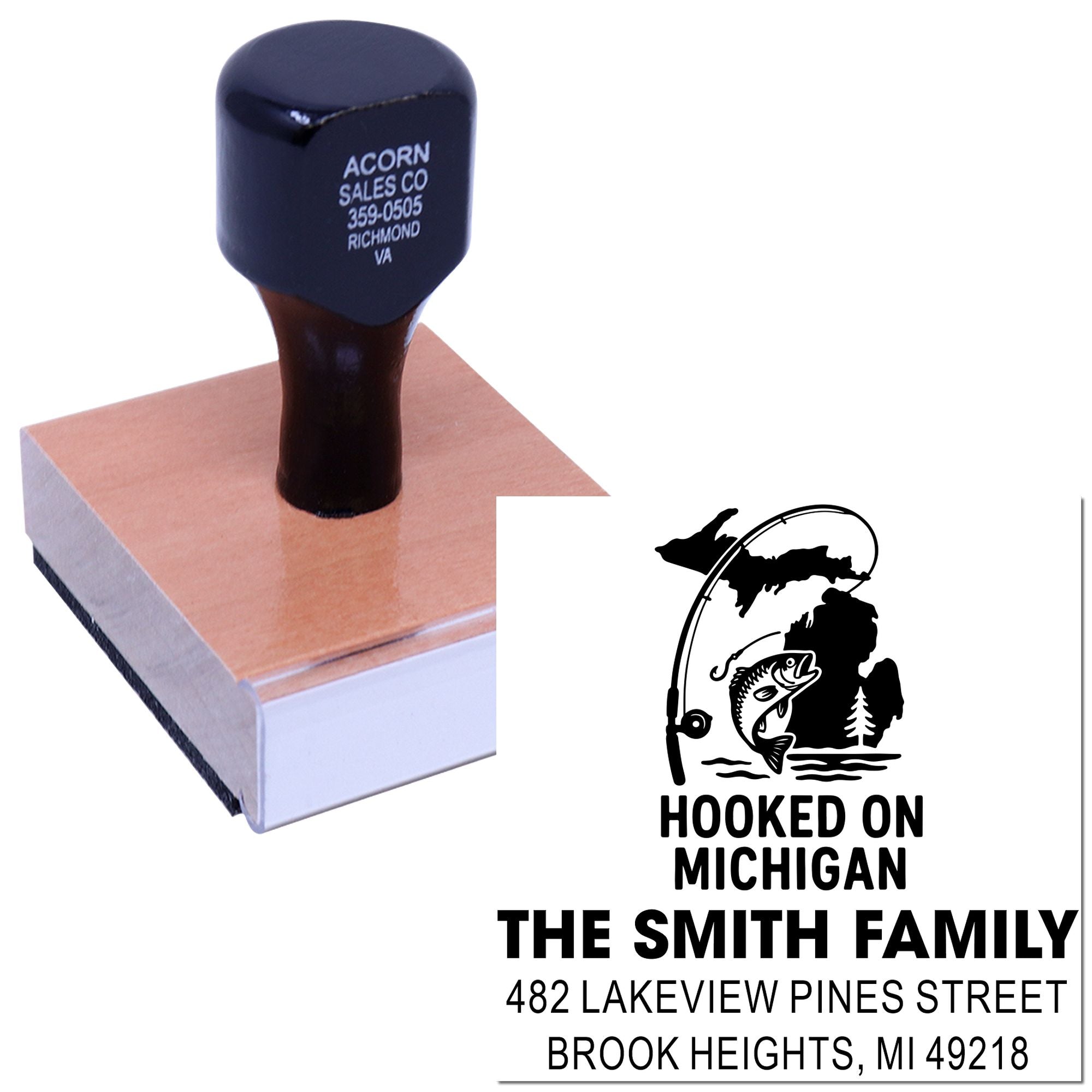 Personalized fishing family return address rubber stamp with Michigan custom imprint.