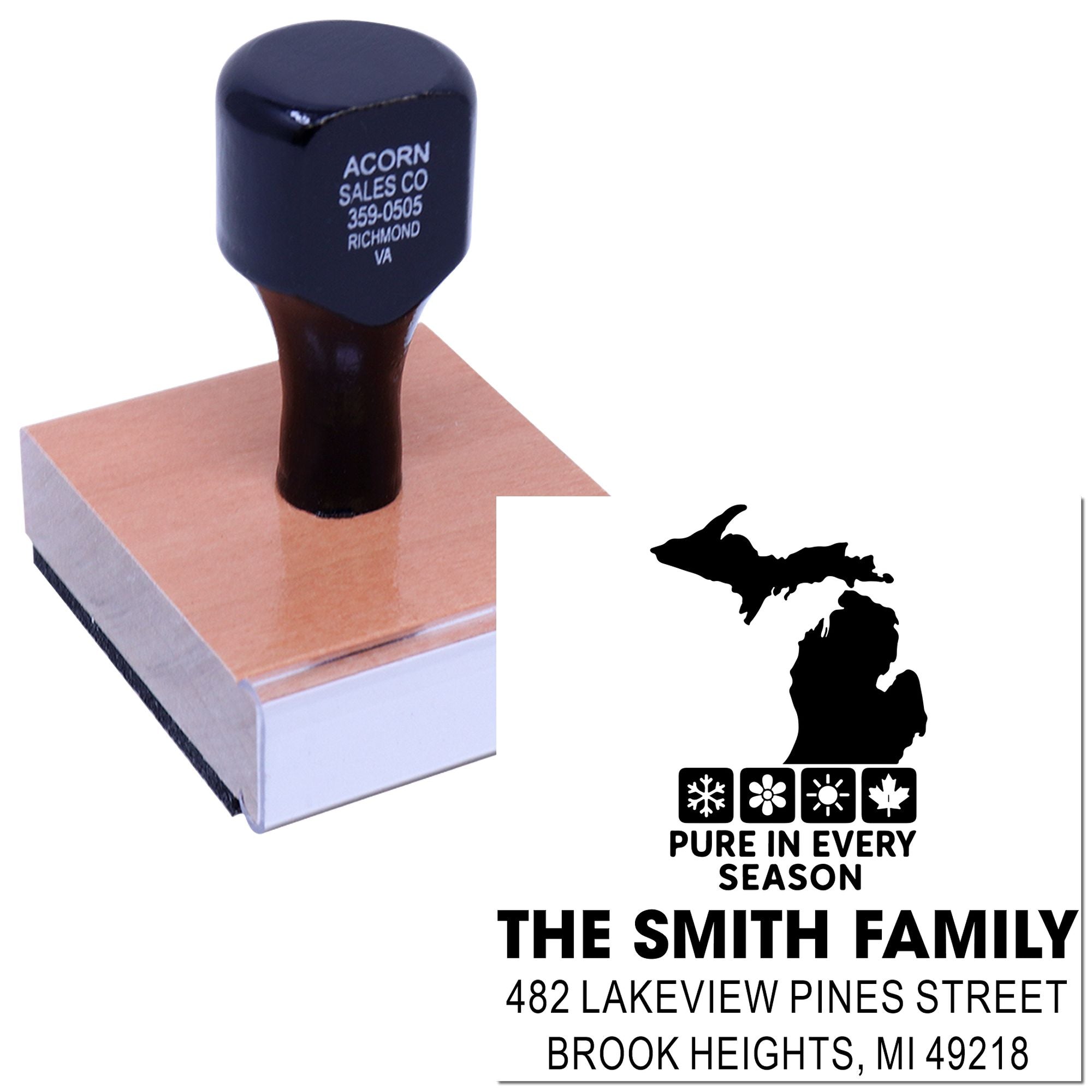 Custom self-inking family address rubber stamp with Michigan outline and seasonal slogan for personalized mailings.