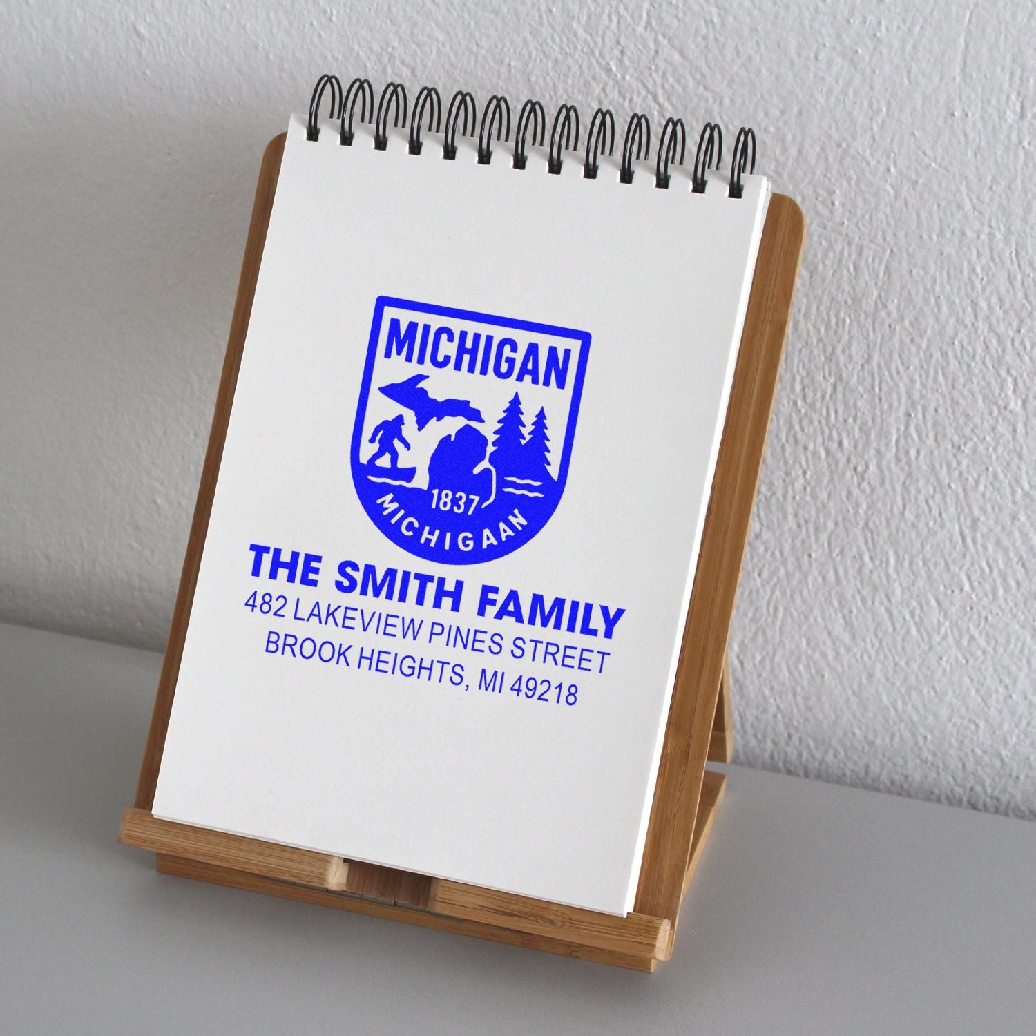 Custom Michigan family address rubber stamp with state seal for personalized mailing and stationery