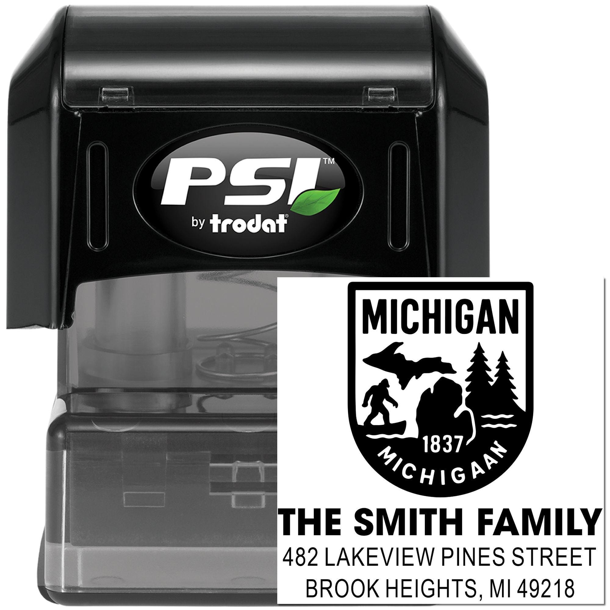 Custom self-inking rubber address stamp for The Smith Family, featuring Michigan return address design by PSI Trodat.