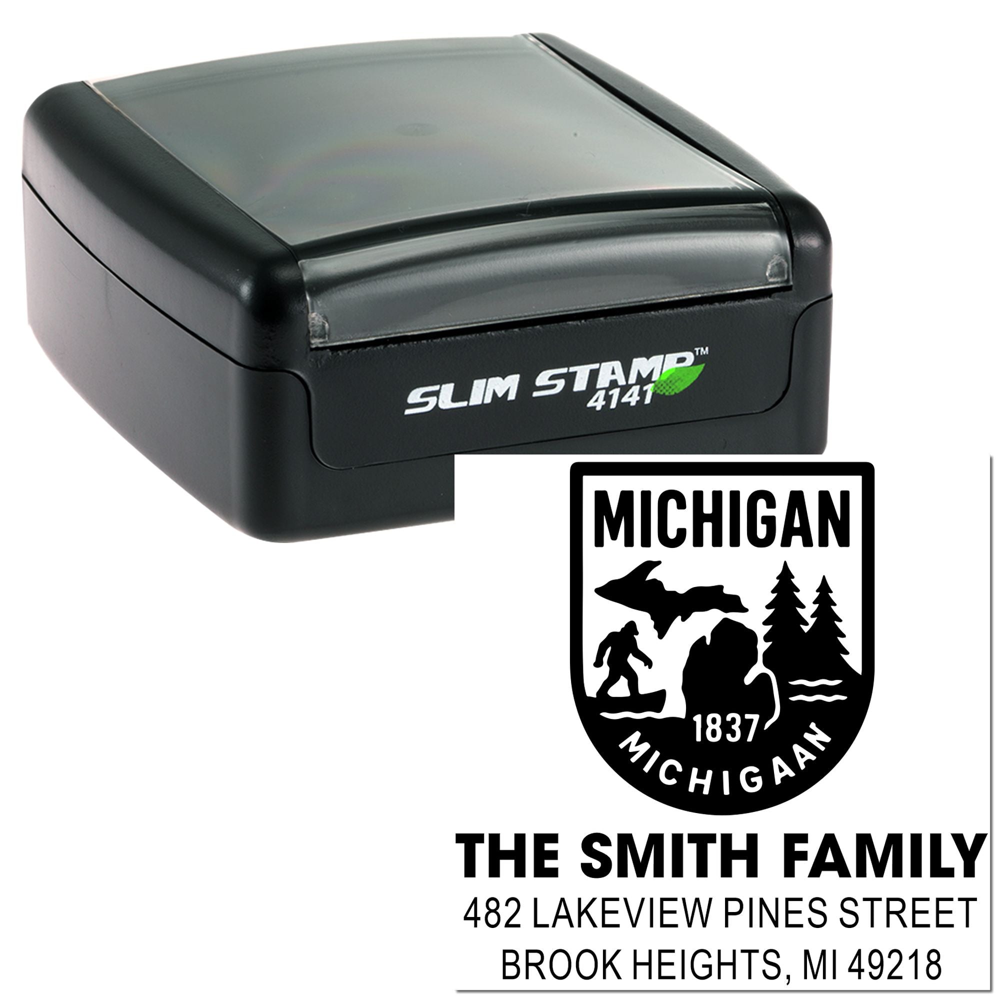 Michigan custom return address rubber stamp with The Smith Family name and address, Slim Stamp self-inking stamp design