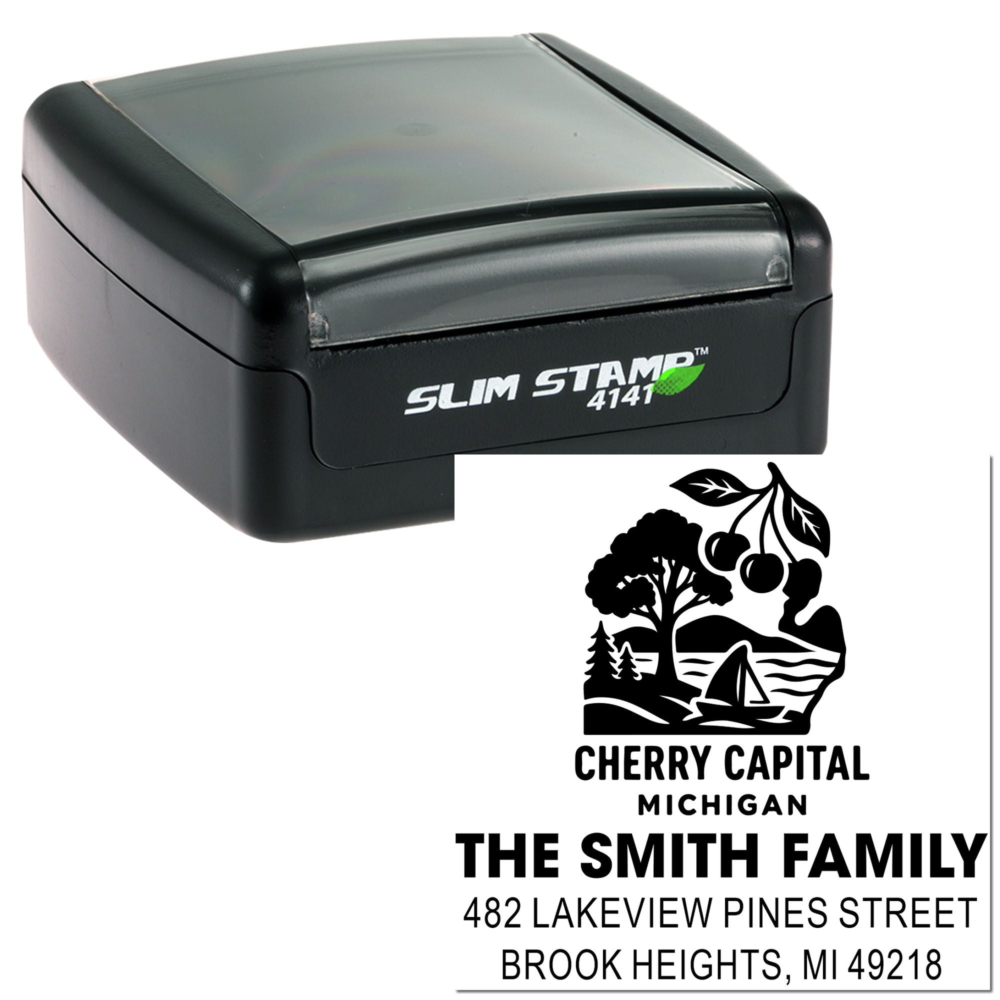 Custom self-inking rubber address stamp with Cherry Capital Michigan family name and address design.