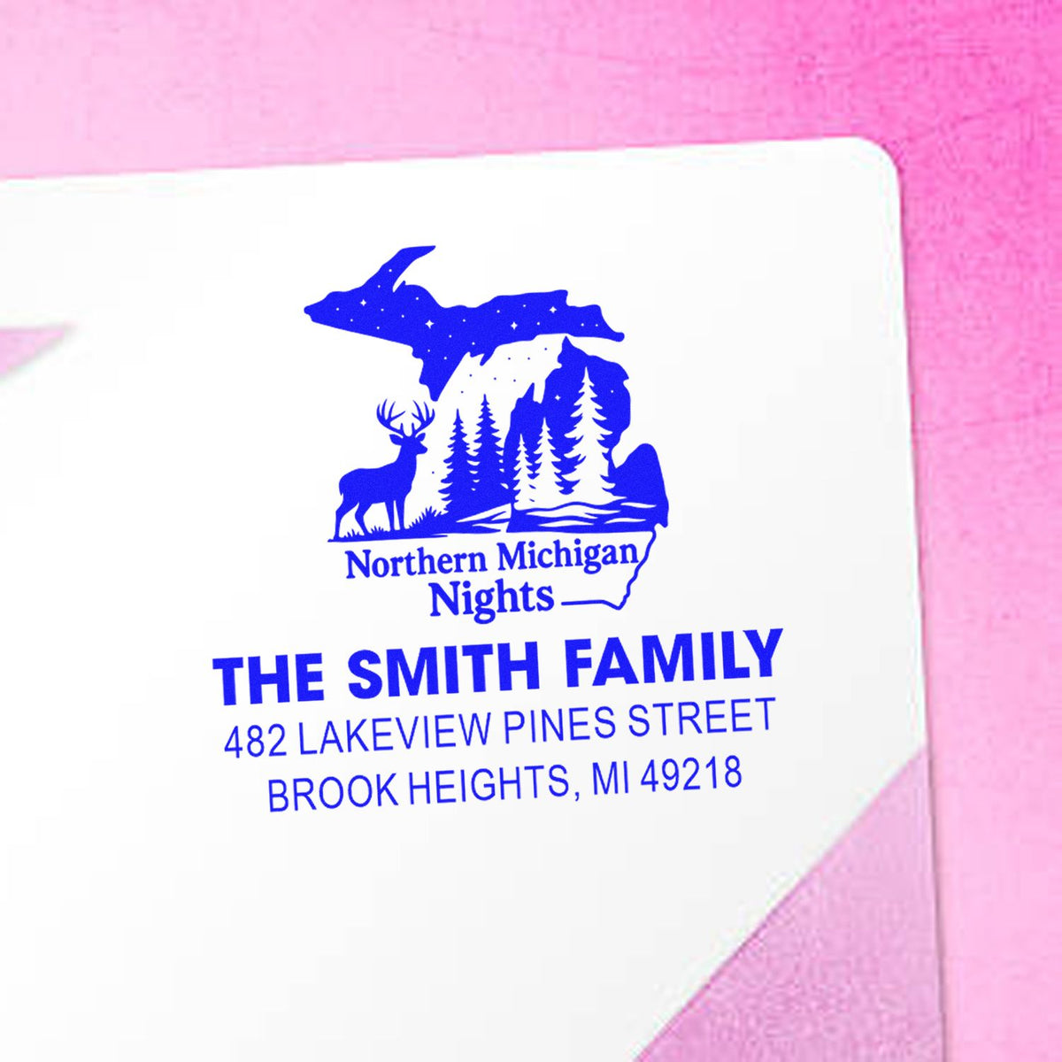 Personalized return address rubber stamp with Northern Michigan Nights design for The Smith Family mailing envelopes.