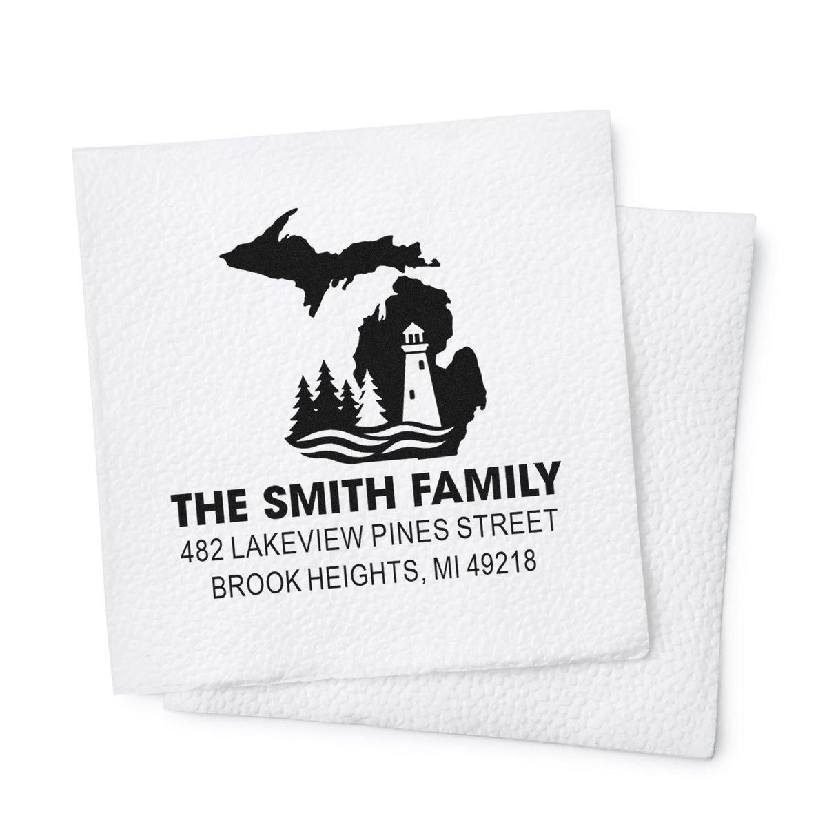 Custom Michigan return address rubber stamp for The Smith Family with lighthouse, pine trees and address design.