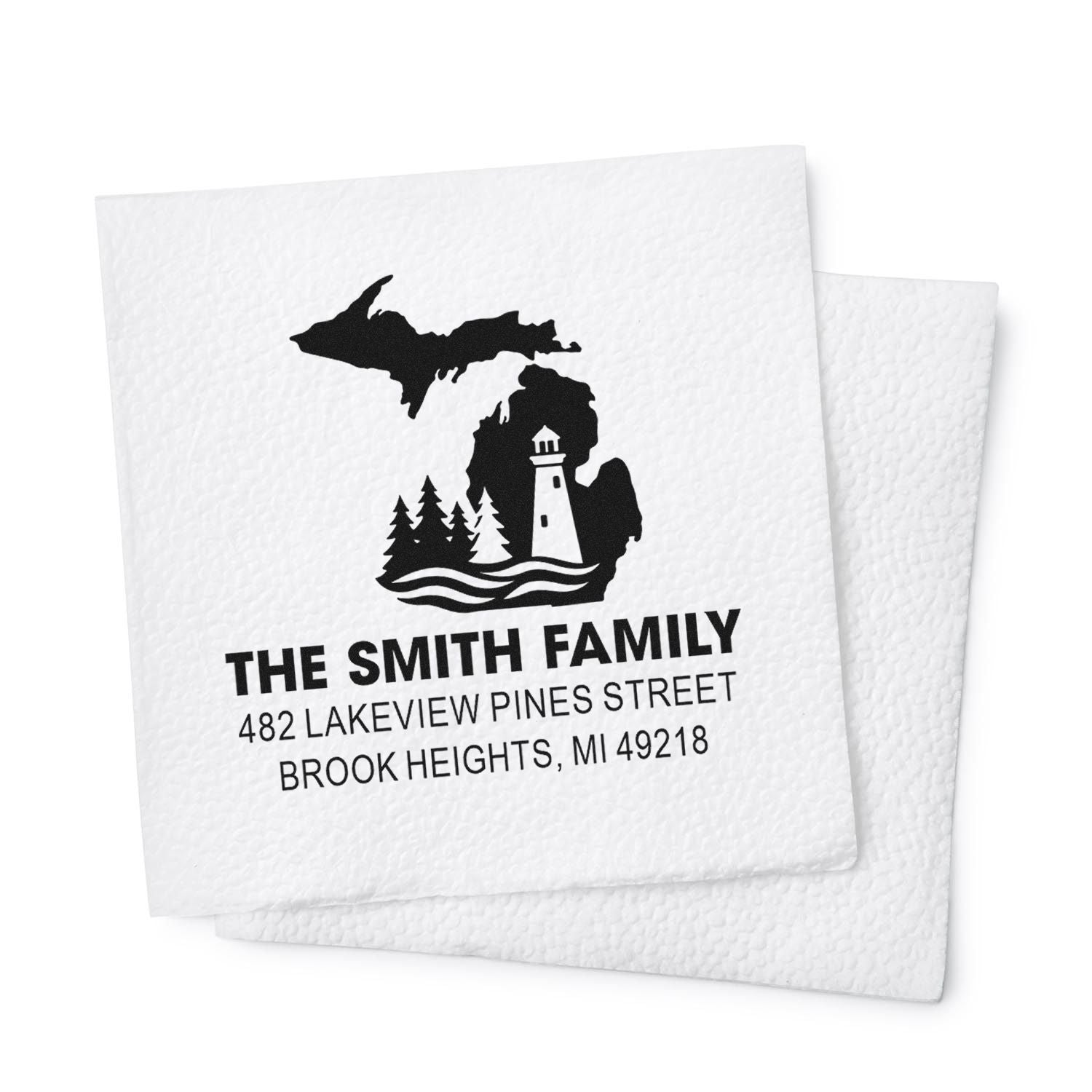 Custom Michigan family return address rubber stamp with lighthouse and pine tree design for personalized mail and napkins.