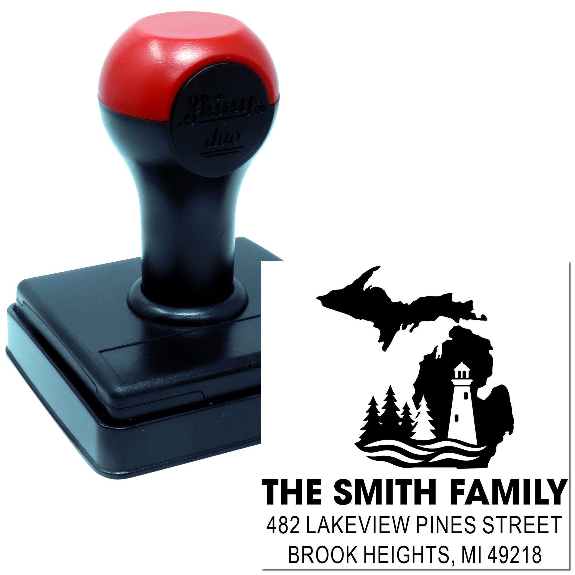 Self-inking custom return address rubber stamp for The Smith Family in Michigan, featuring a lighthouse design.