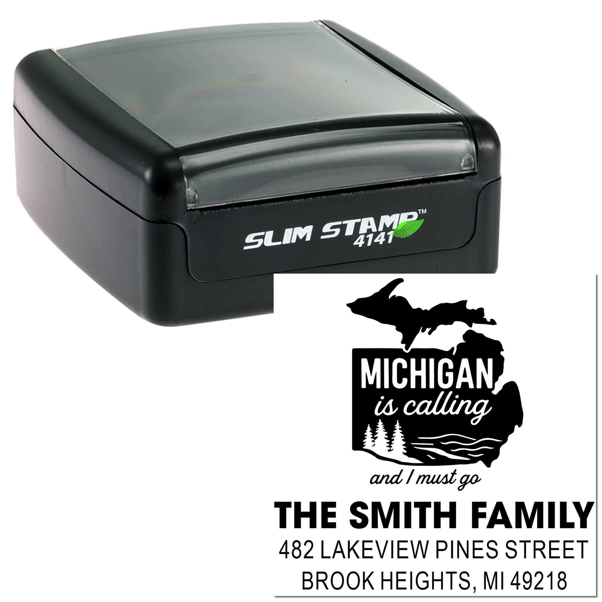 Custom Michigan return address rubber stamp with The Smith Family and Brook Heights, MI address for envelopes.
