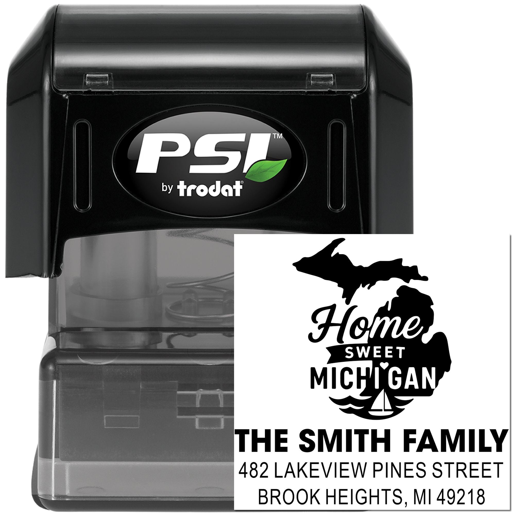 Custom self-inking rubber address stamp with Home Sweet Michigan design for The Smith Family return address.