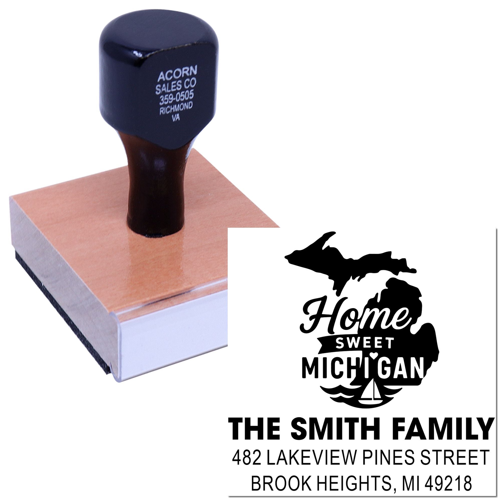 Custom rubber stamp for family return address with Home Sweet Michigan design and The Smith Family home address.