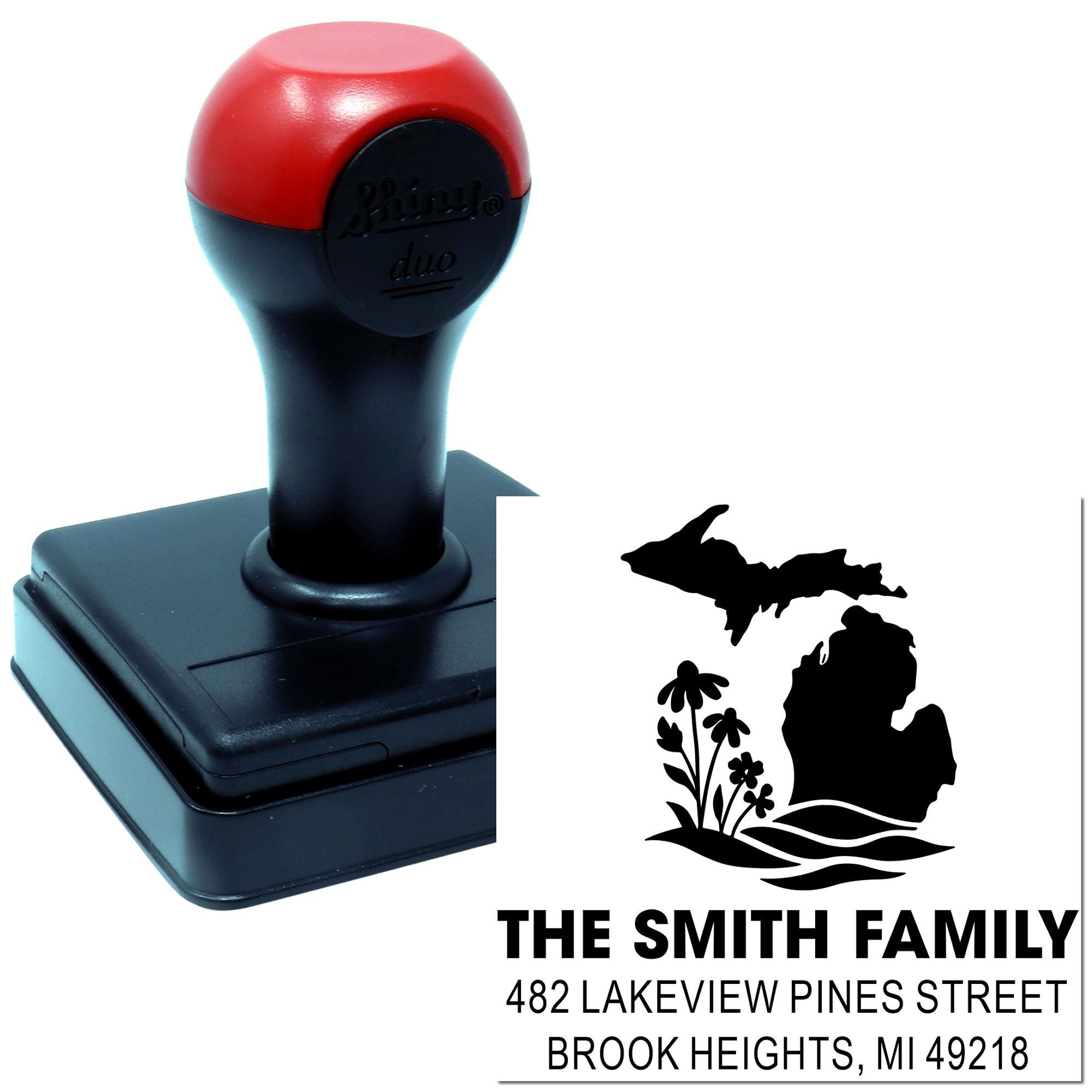 Custom self-inking family address rubber stamp with Michigan silhouette and return address imprint