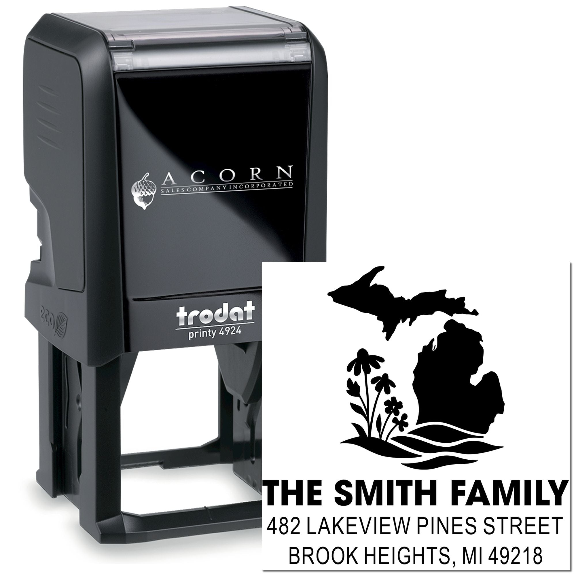 Custom self-inking return address rubber stamp with Michigan family design for The Smith Family.