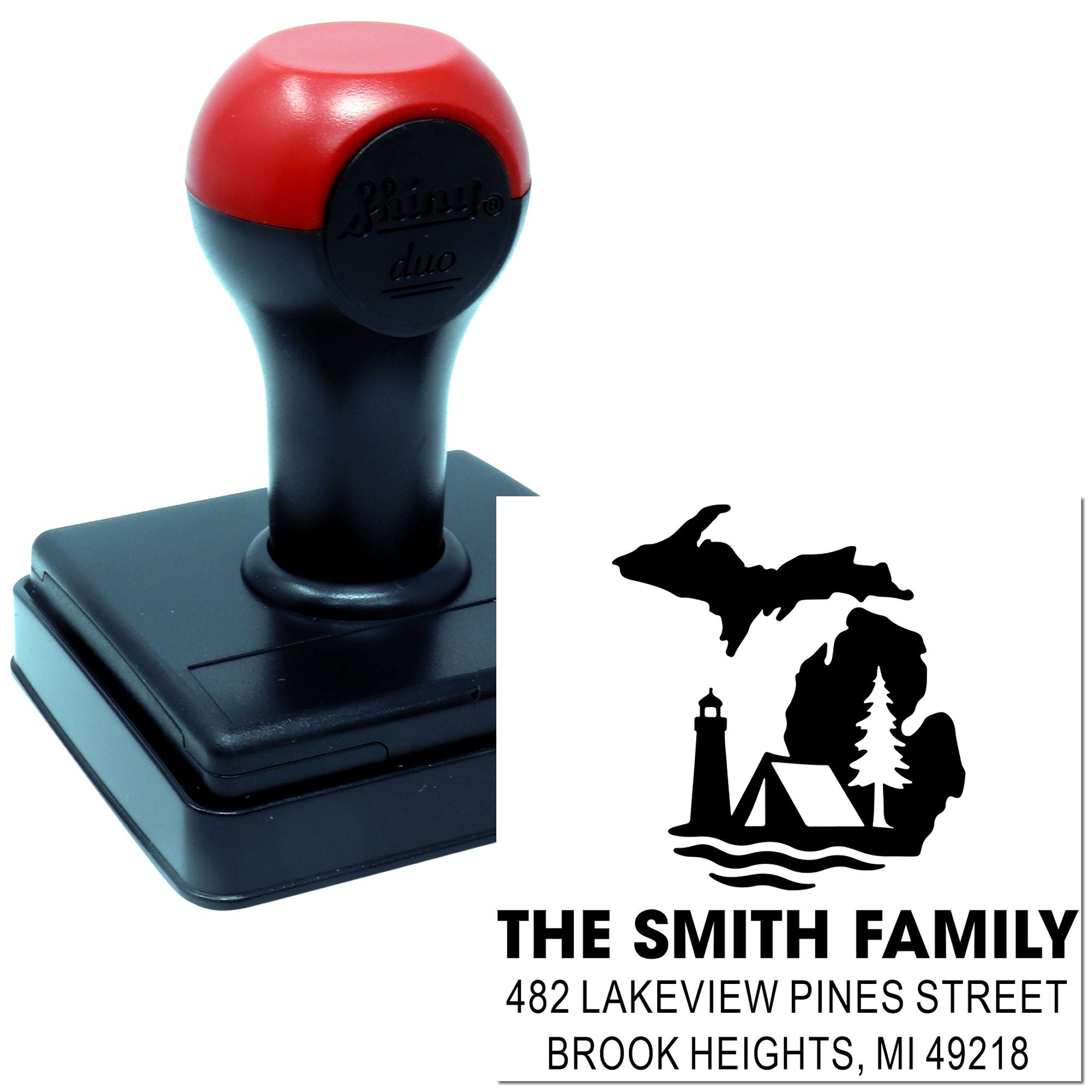 Self-inking custom return address rubber stamp with Smith family name and address for mailing labels.