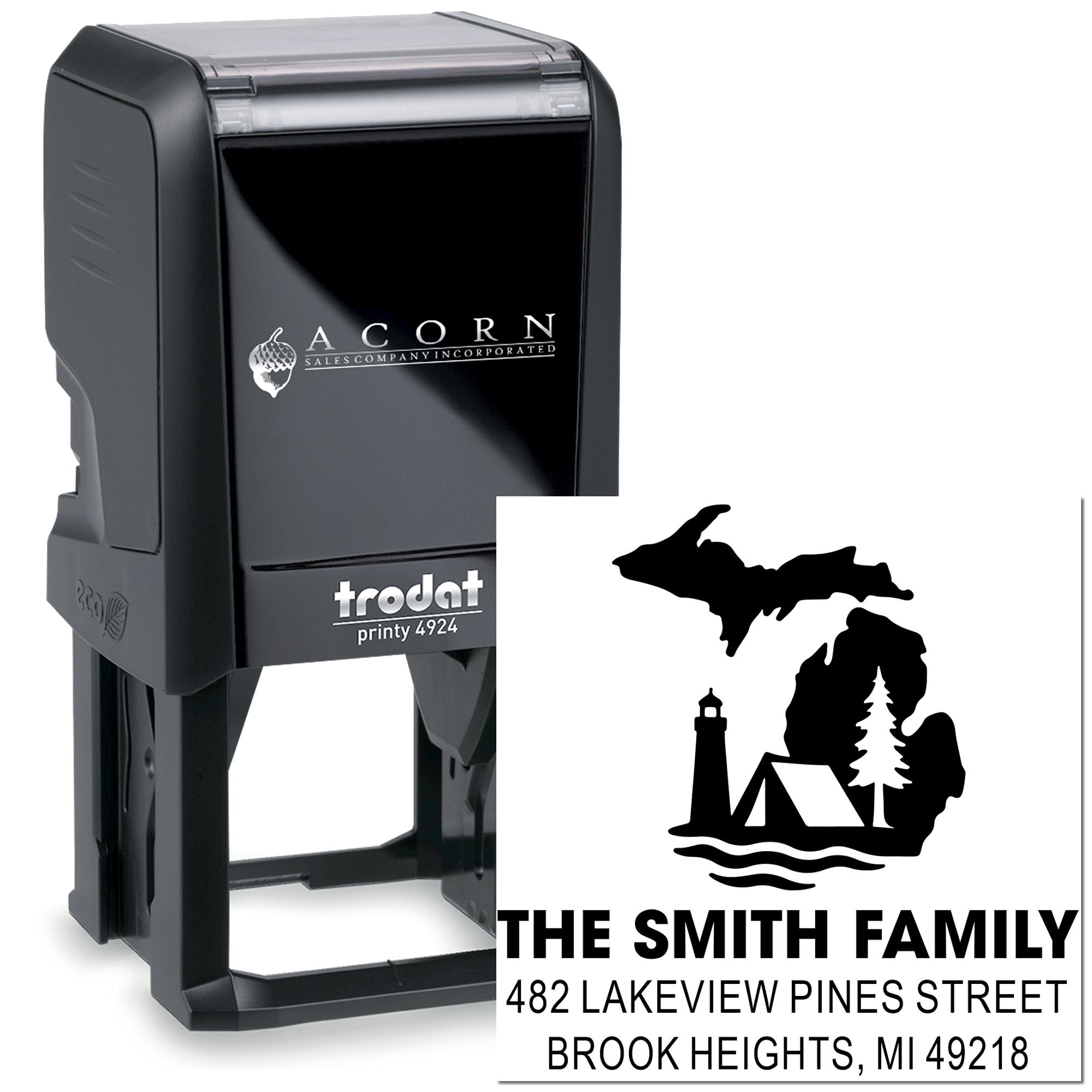 Personalized self-inking rubber address stamp with custom Michigan family cabin, lighthouse and address design.