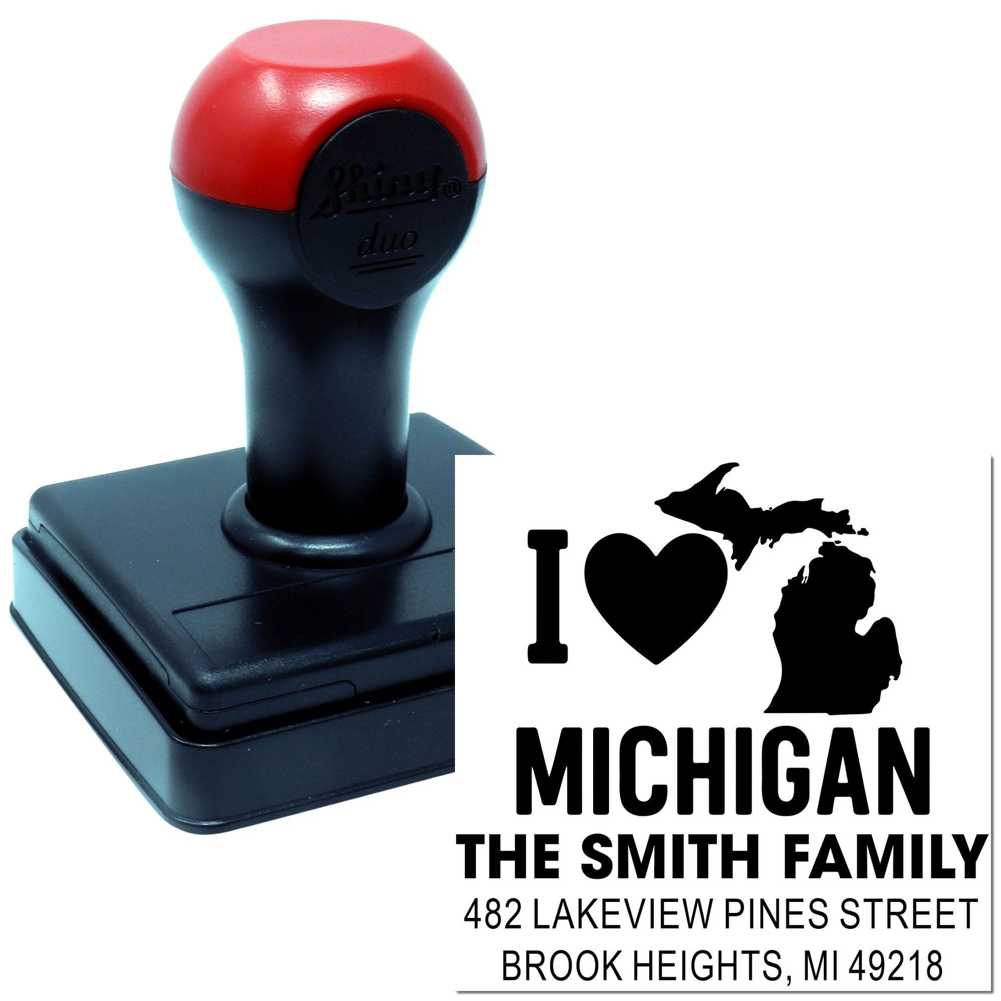 Custom Michigan return address rubber stamp with I ? Michigan, The Smith Family, and address imprint.