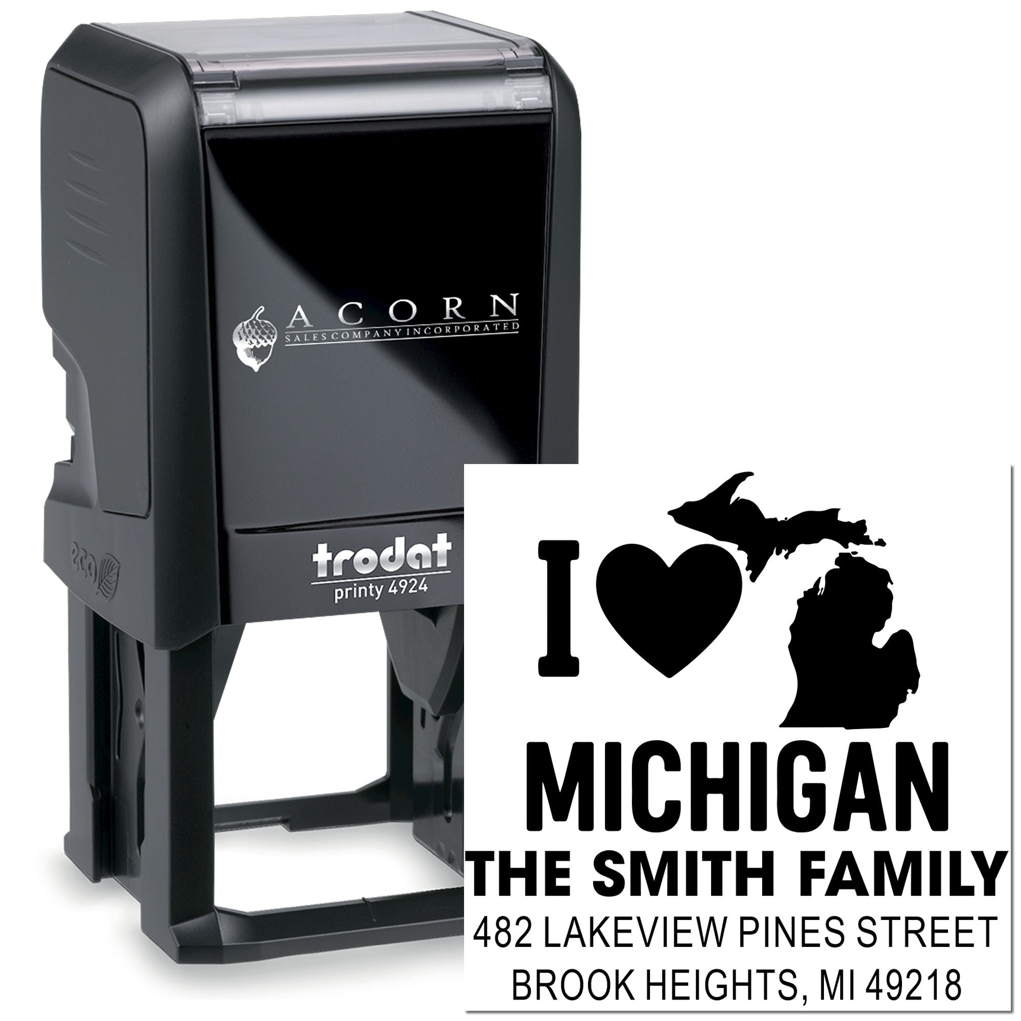 Custom self-inking rubber stamp with I Love Michigan design and family address for personalized mailing.
