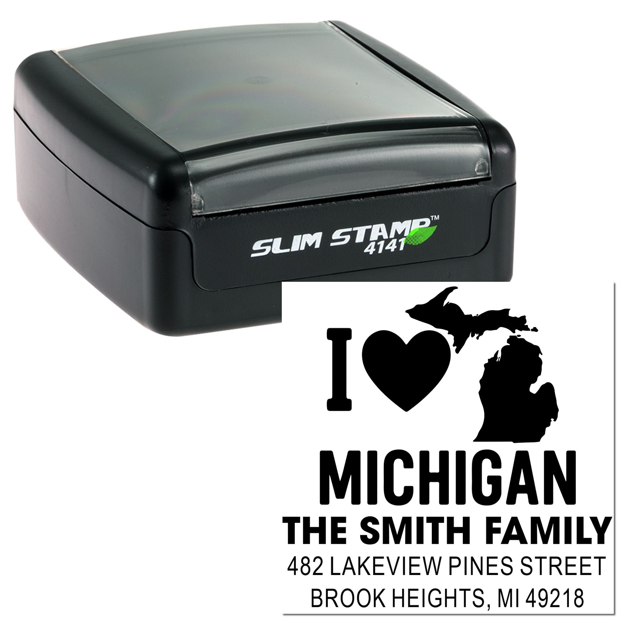 SlimStamp 4141 custom Michigan address rubber stamp with family name and return address imprint.