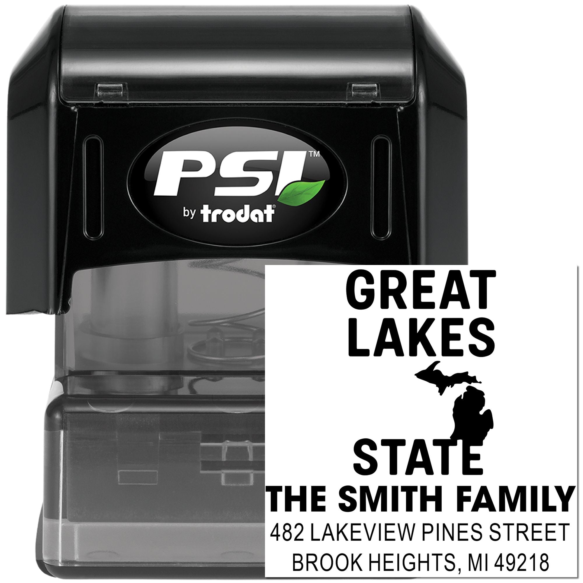PSI by Trodat custom self-inking address rubber stamp with Great Lakes State Michigan design for the Smith family.