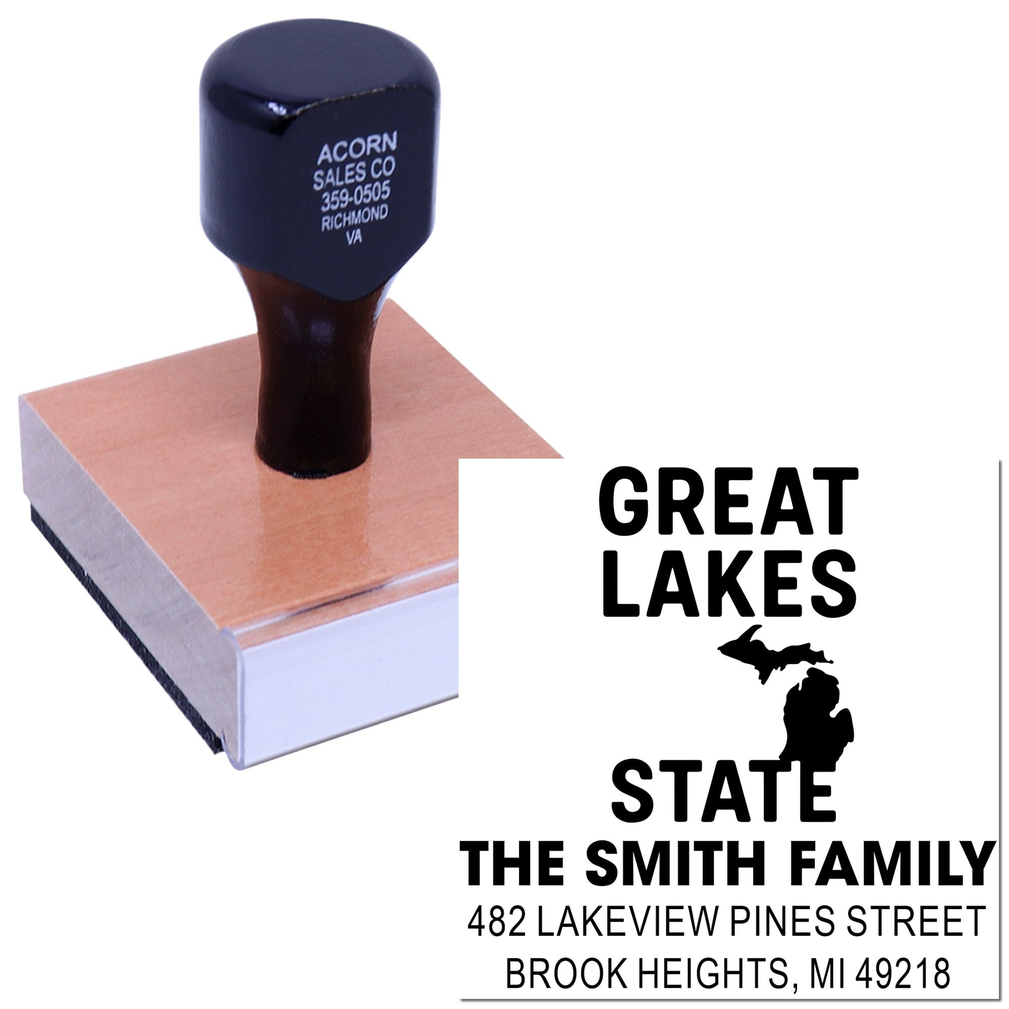 Custom Great Lakes State address rubber stamp for The Smith Family, Brook Heights, MI 49218