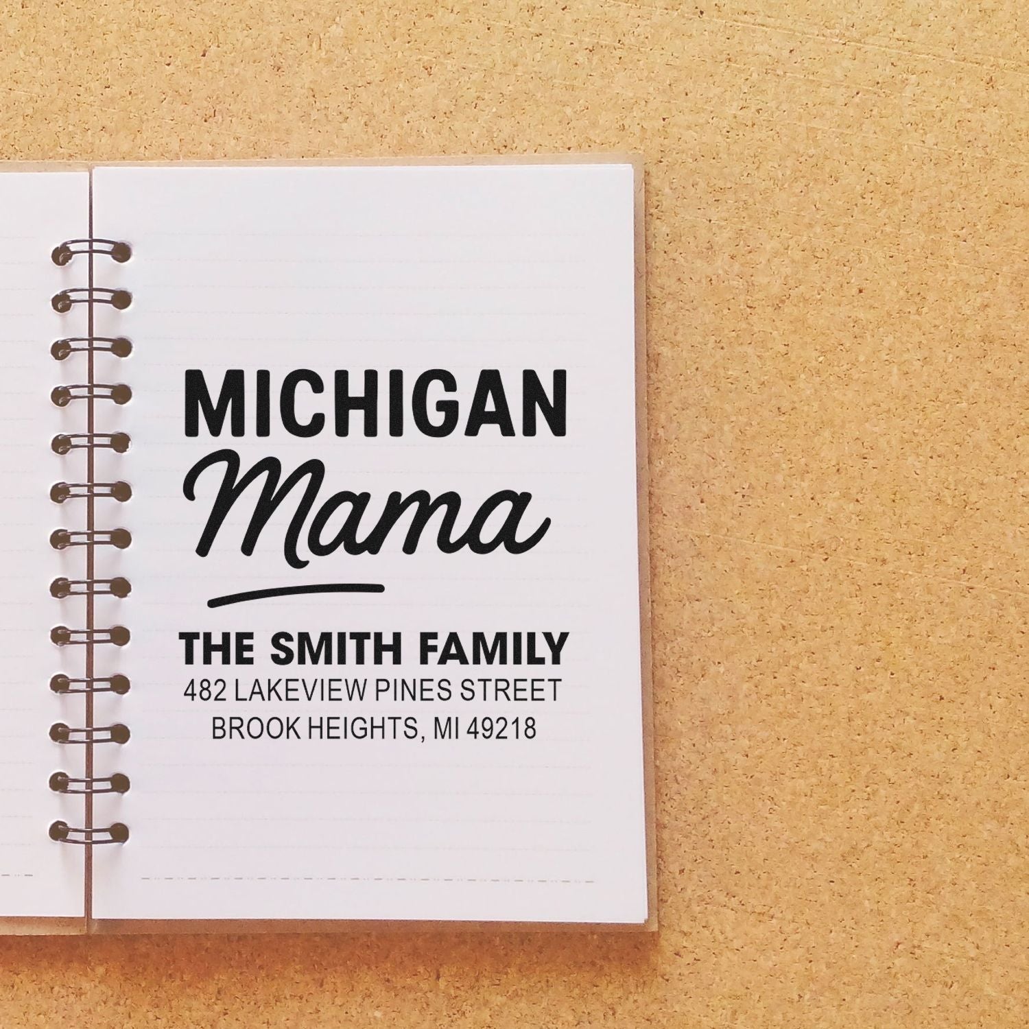 Michigan Mama custom rubber stamp with family name and address for personalized stationery and return mail.