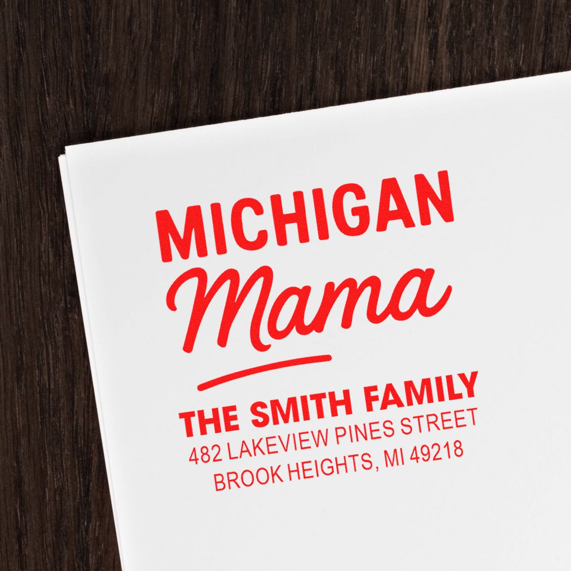 Personalized Michigan Mama return address rubber stamp for The Smith Family in Brook Heights, MI 49218