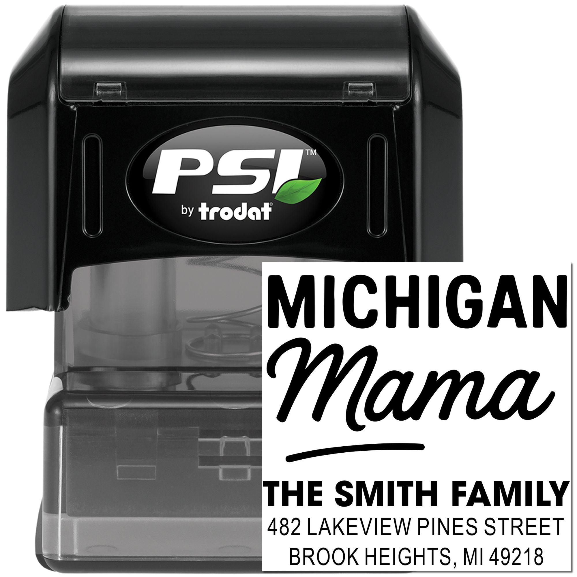 Self-inking custom rubber address stamp for Michigan Mama, featuring The Smith Family return address in Brook Heights, MI.