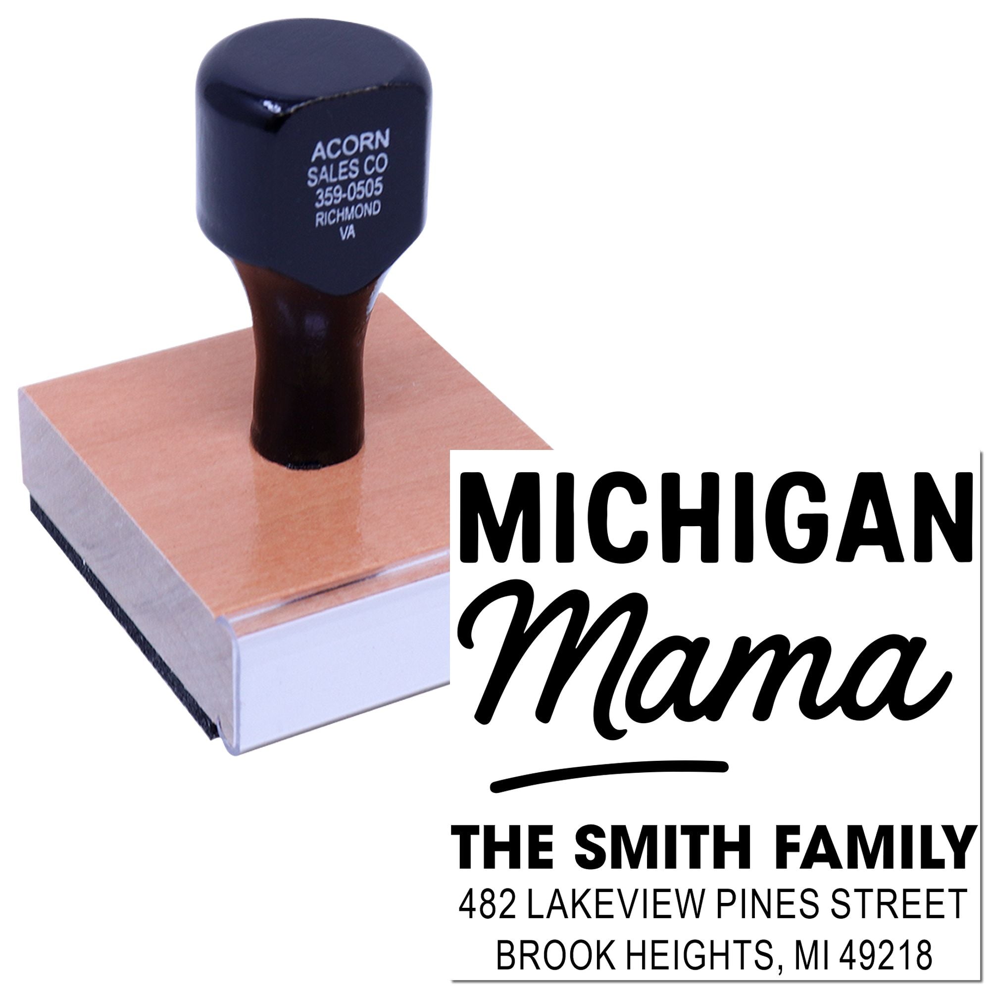 Custom Michigan Mama return address rubber stamp for personalized family mail and stationery.