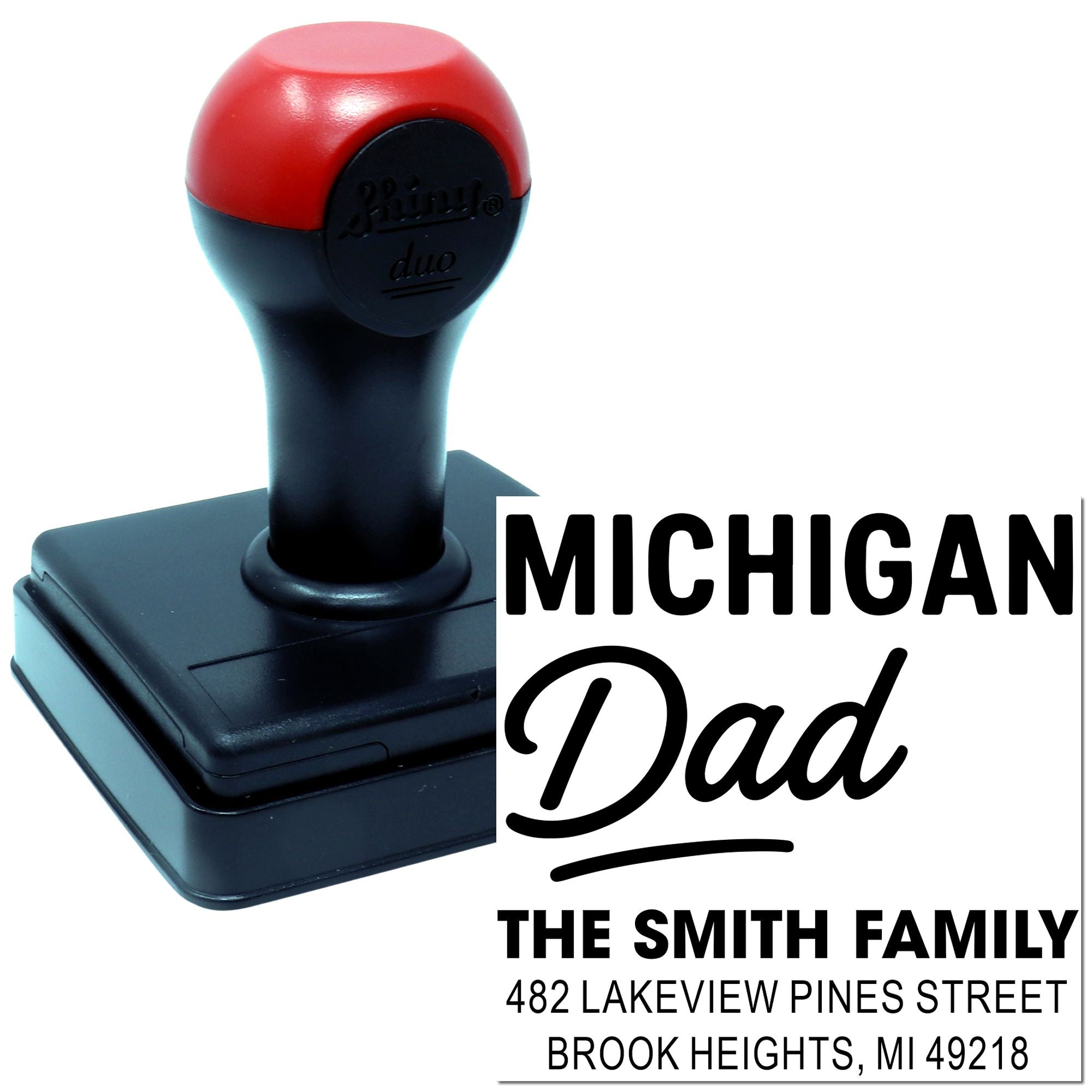 Custom self-inking rubber stamp with Michigan Dad return address for The Smith Family in Brook Heights, MI.