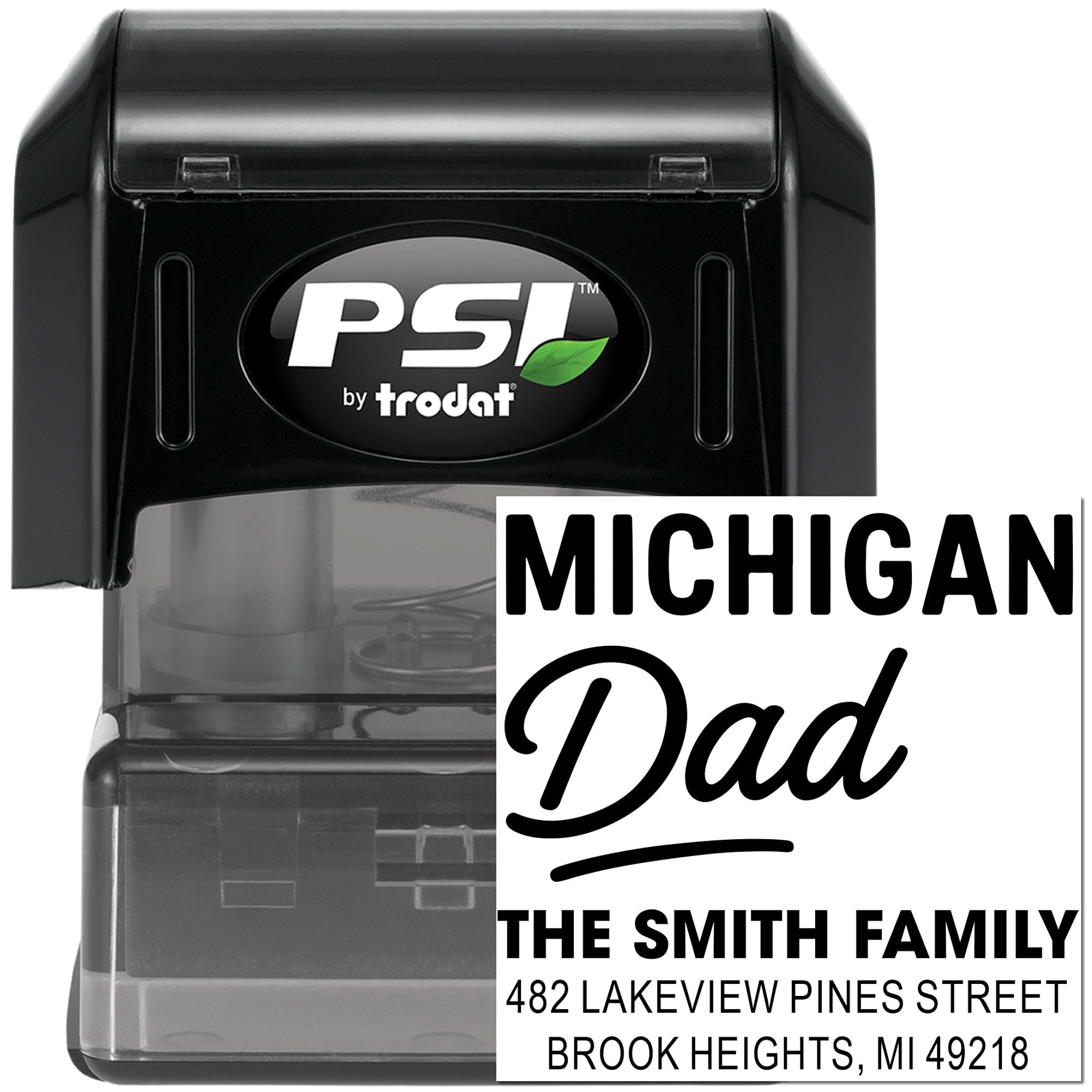 Custom Michigan Dad self-inking return address stamp by PSI Trodat for The Smith Family in Brook Heights, Michigan