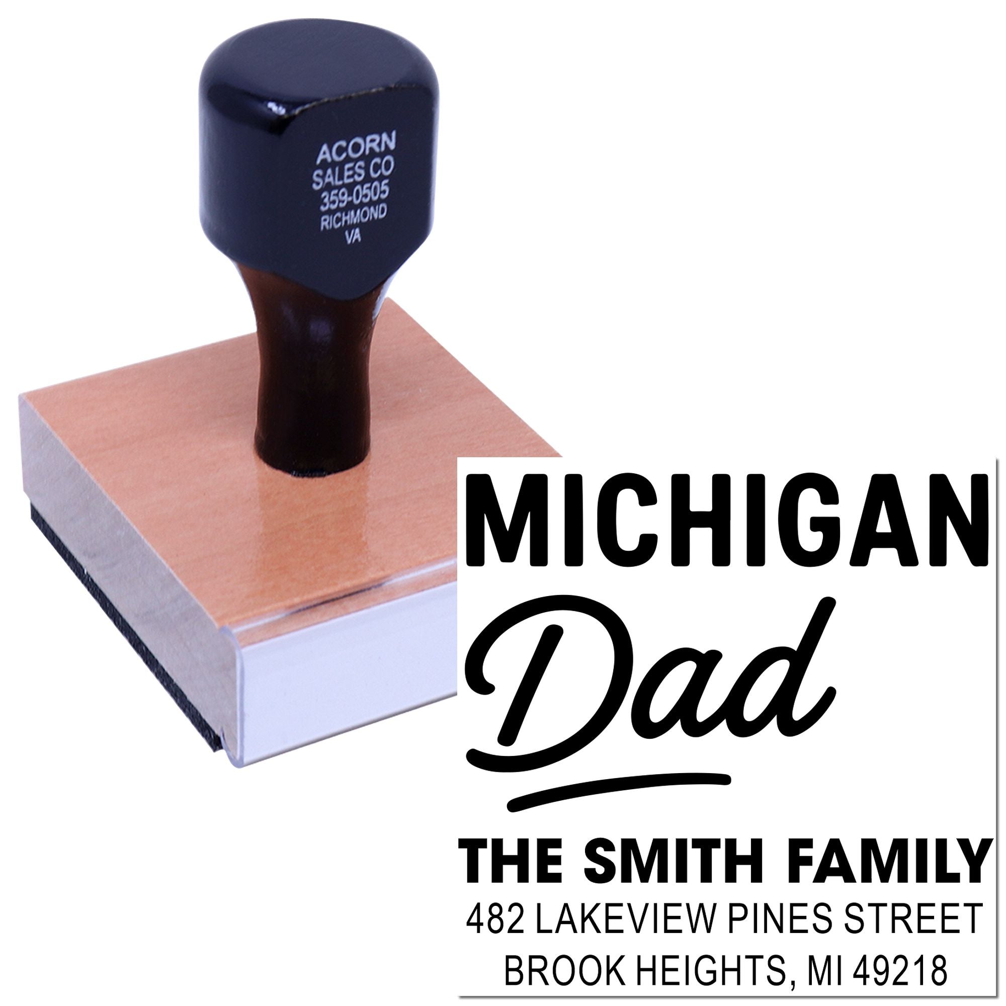 Michigan Dad custom return address rubber stamp with family name and Michigan address