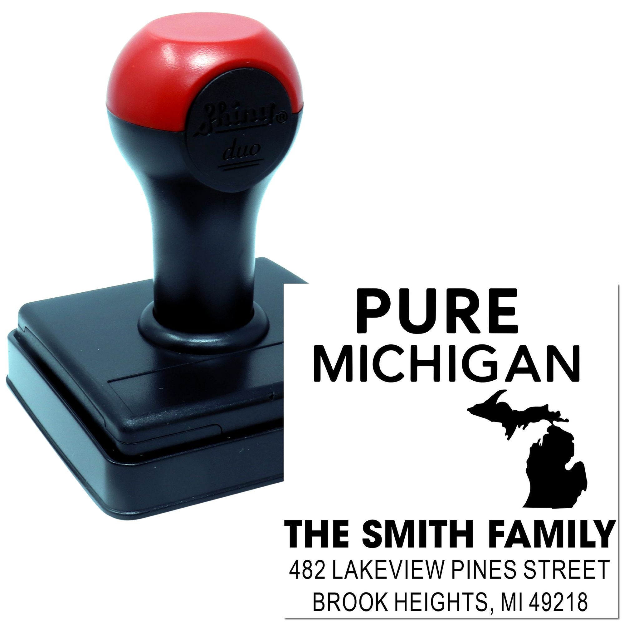 Custom self-inking rubber address stamp with Pure Michigan design for The Smith Family in Brook Heights, MI.