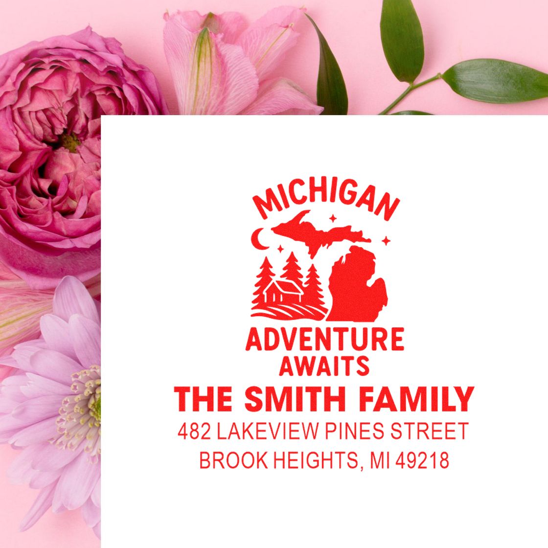 Custom Michigan adventure awaits family return address rubber stamp with The Smith Family and Brook Heights, MI address.