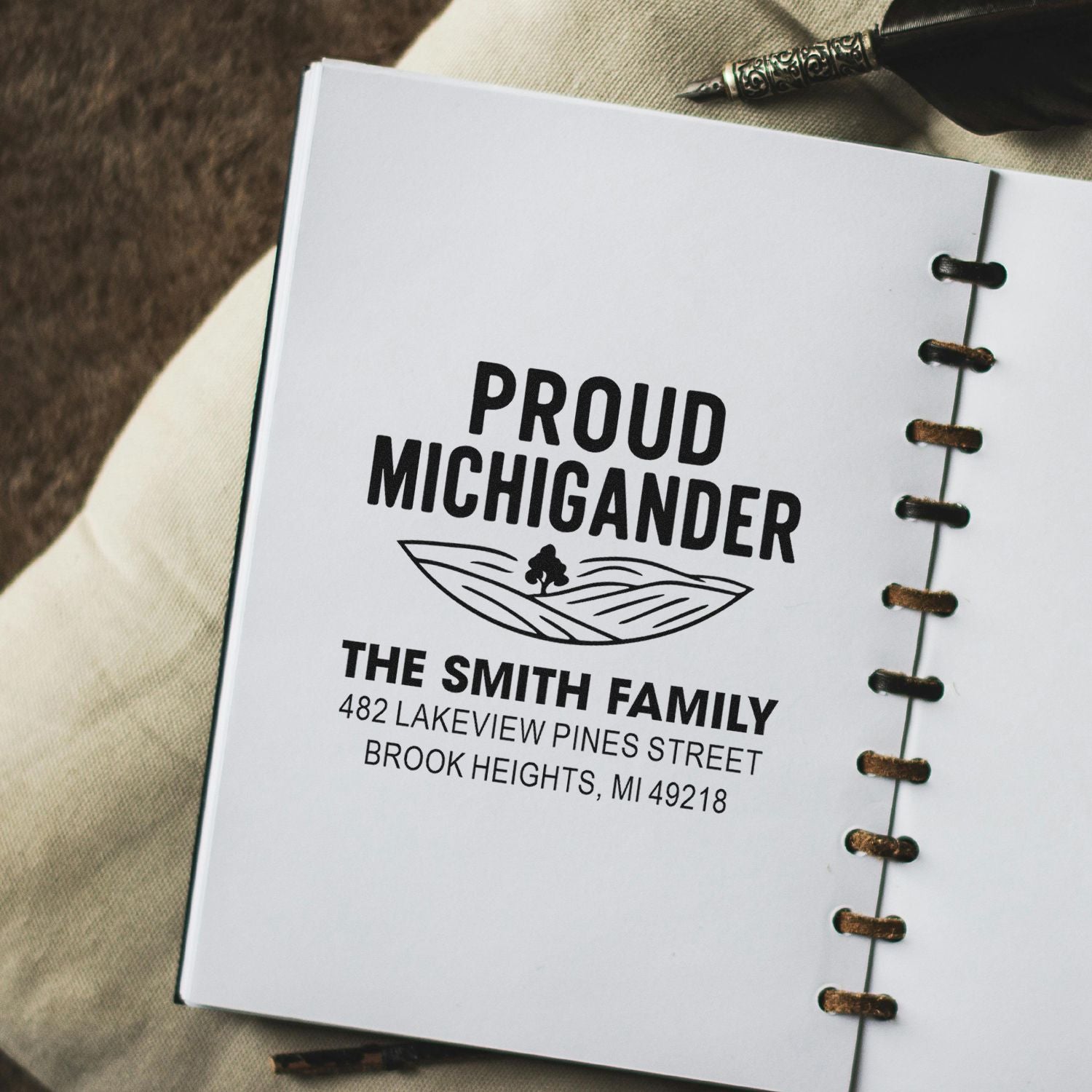 Custom return address rubber stamp with Proud Michigander design for The Smith Family in Brook Heights, Michigan.