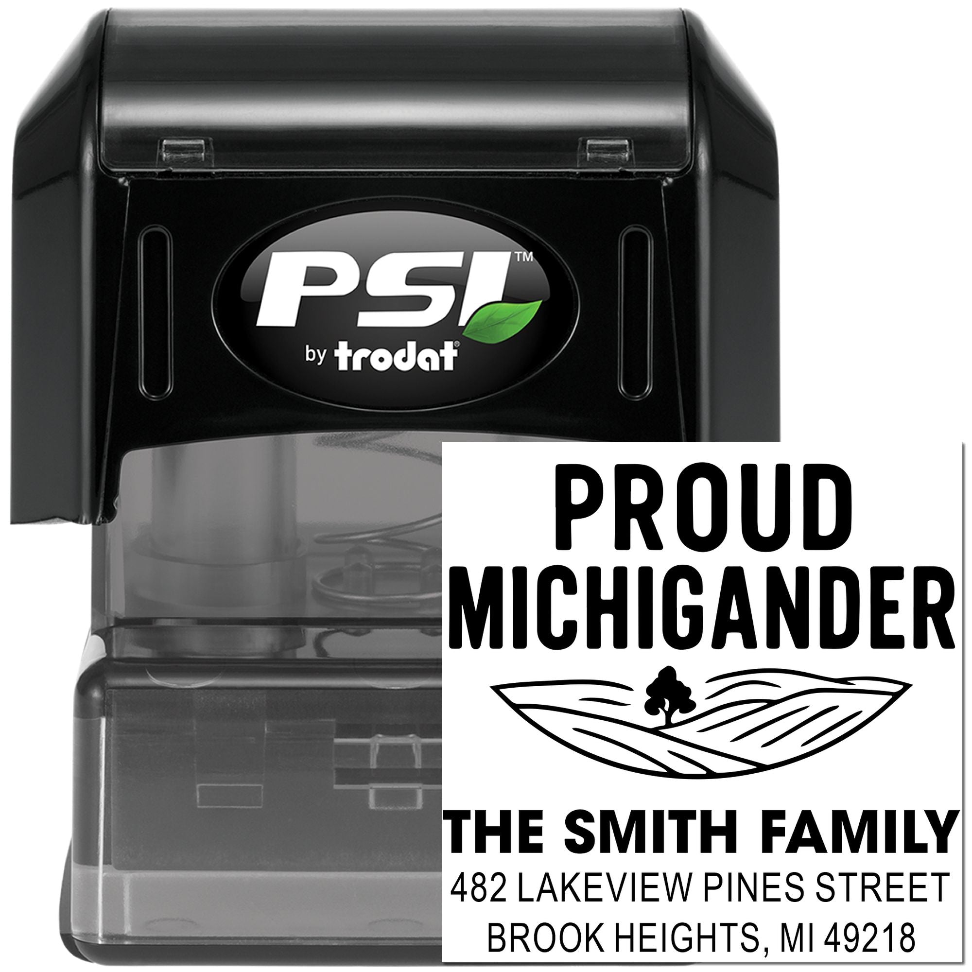 Custom self-inking rubber stamp with Proud Michigander family address design for The Smith Family in Brook Heights, MI