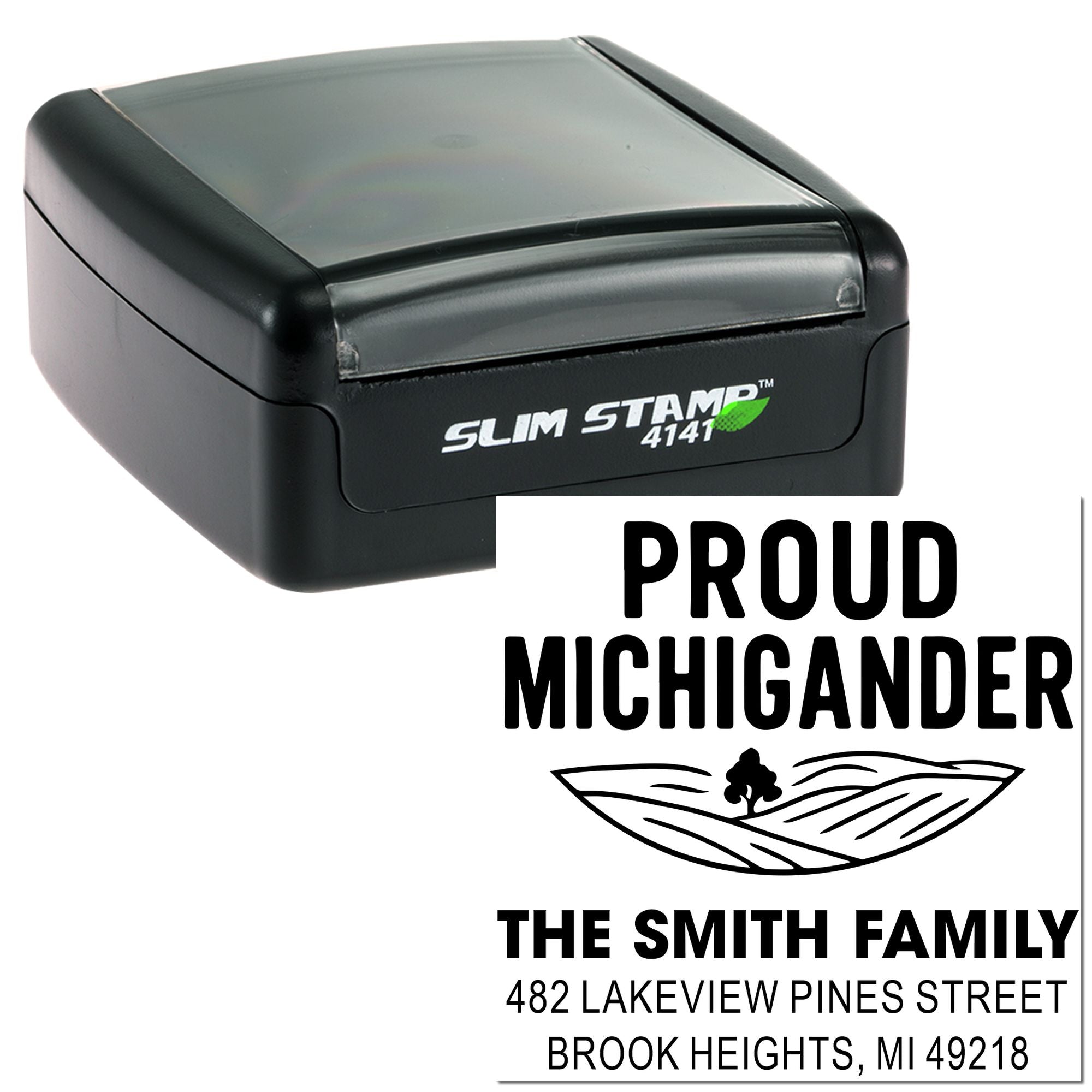 Slim self-inking rubber stamp with custom Proud Michigander return address design for personalized family mailings.