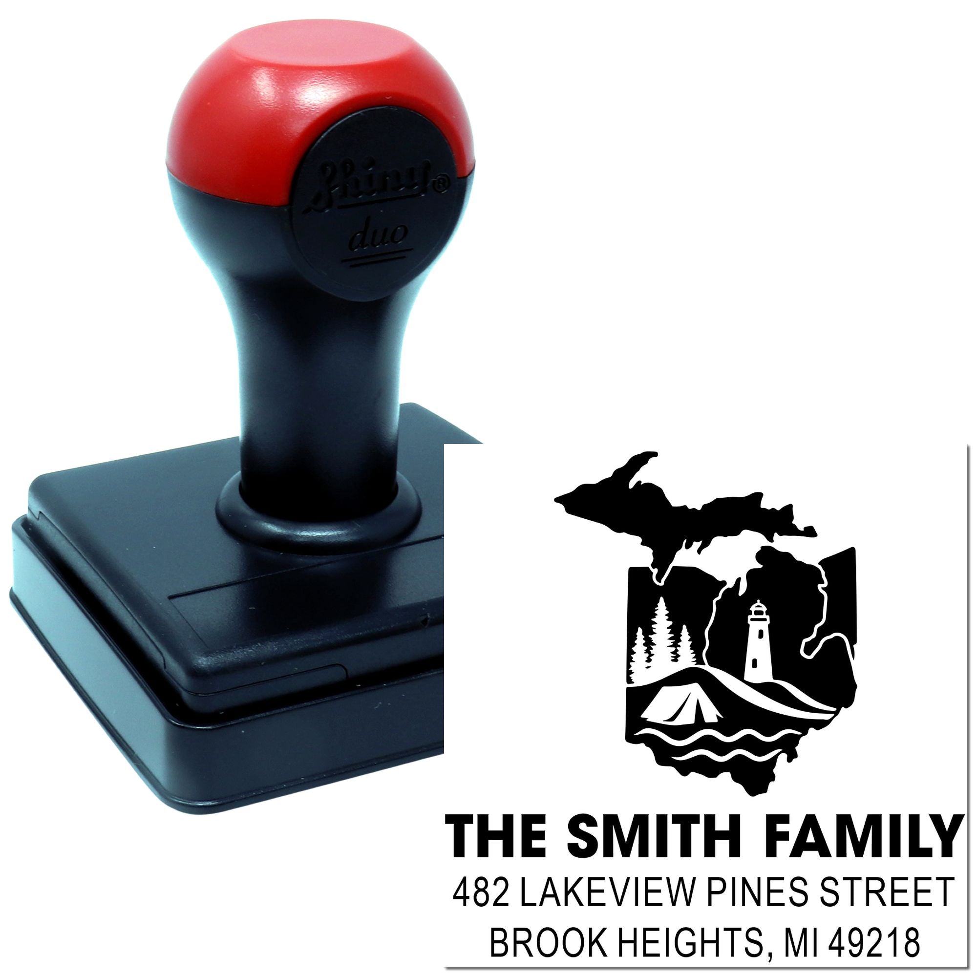 Personalized self-inking rubber address stamp with Michigan family home design and custom return address.