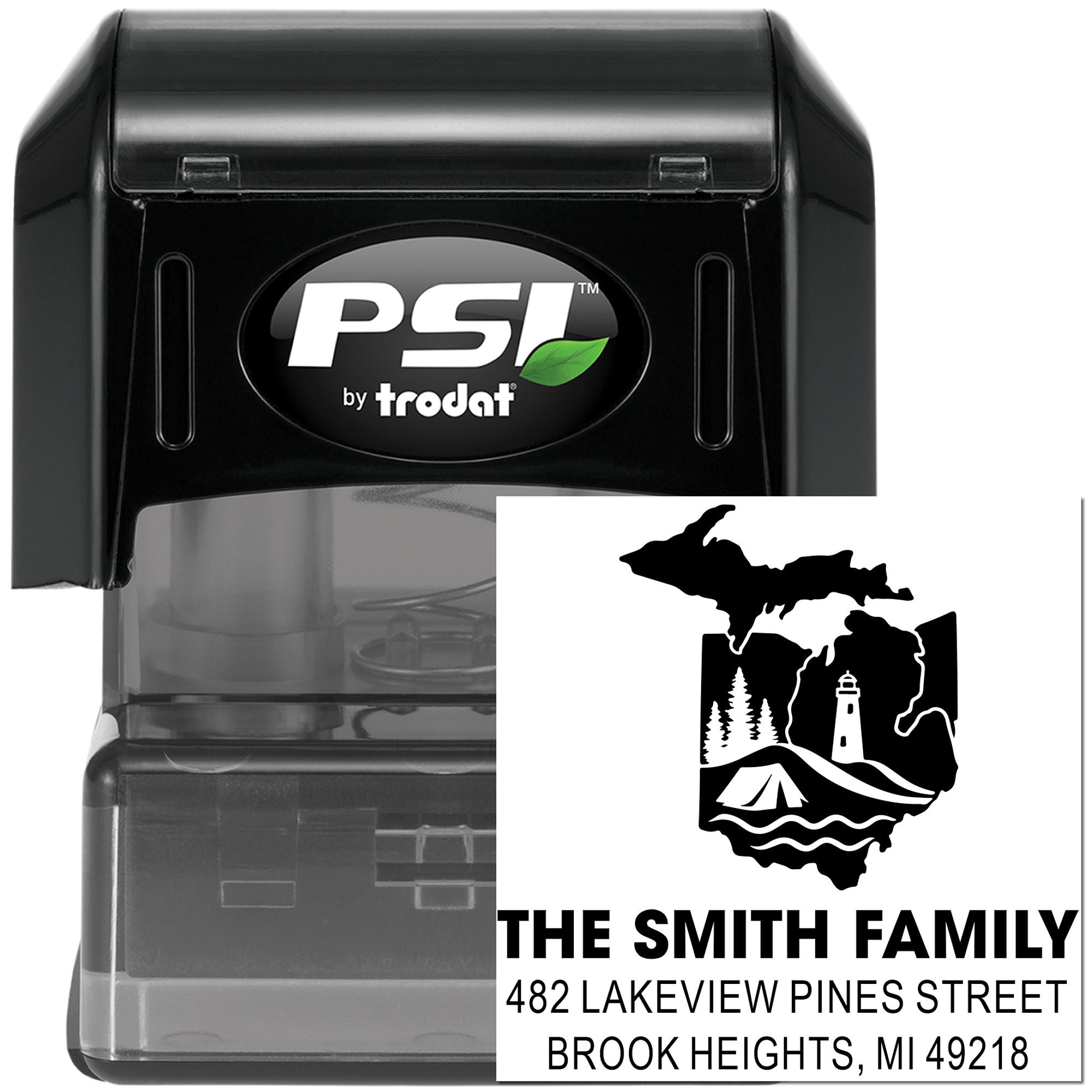 Custom PSI by Trodat address rubber stamp with Michigan family design for personalized mail and return addresses.